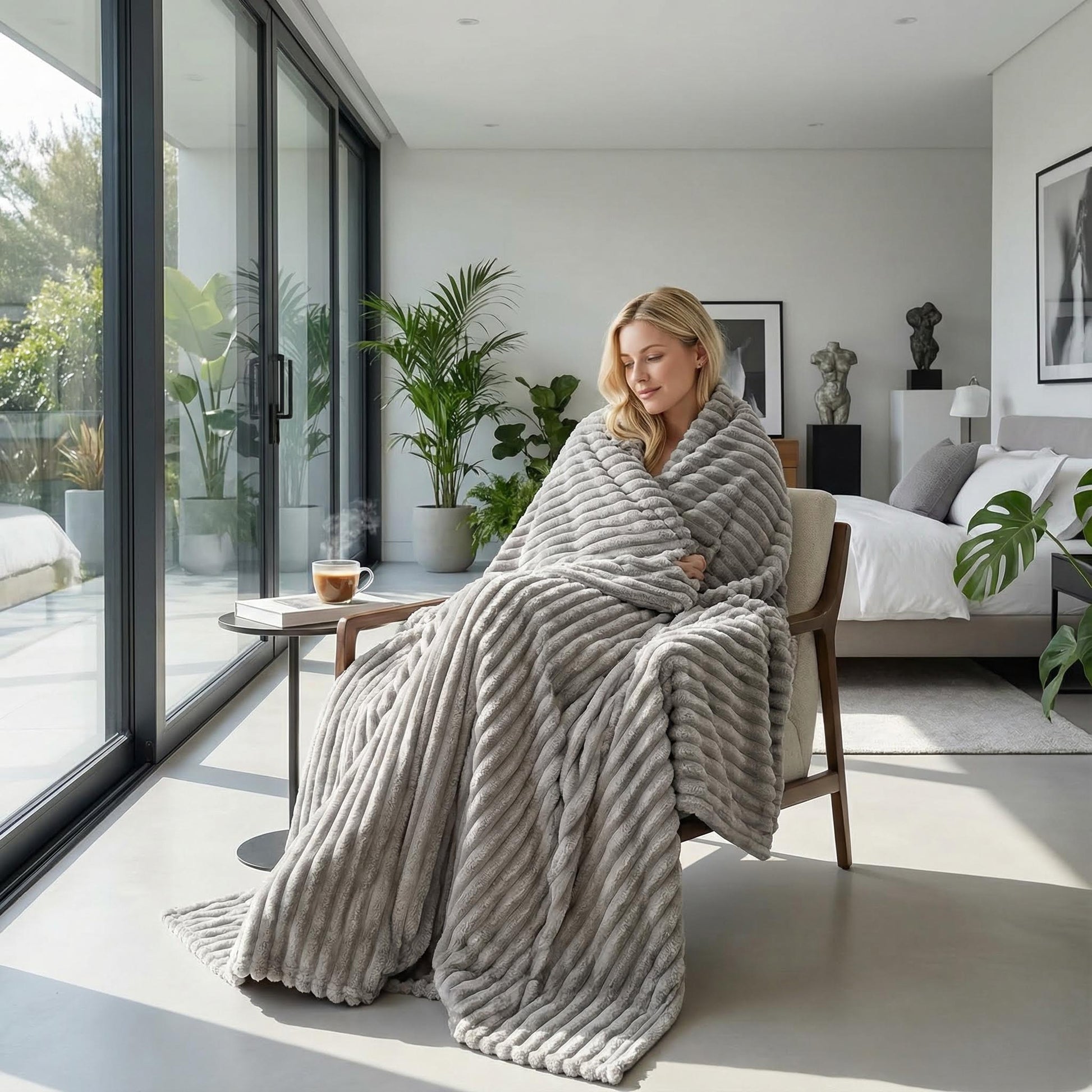 Blonde woman relaxing in a chair, wrapped in a soft, grey striped faux fur throw blanket.