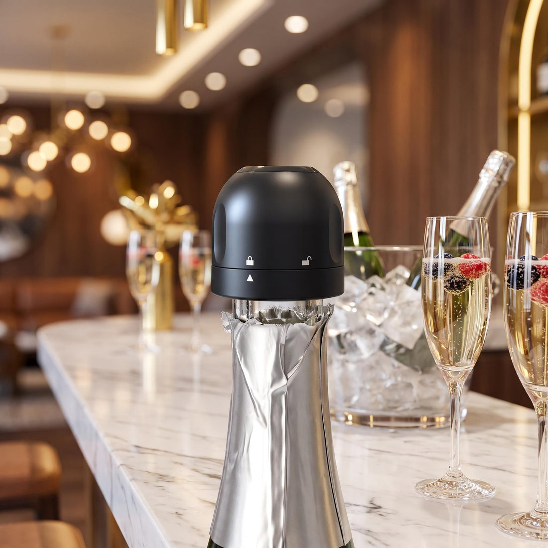 Woman using a sleek black air pressure wine opener on a bottle in a sunlit kitchen.