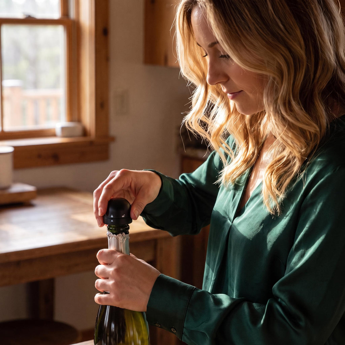 Woman using a sleek black air pressure wine opener on a bottle in a sunlit kitchen.