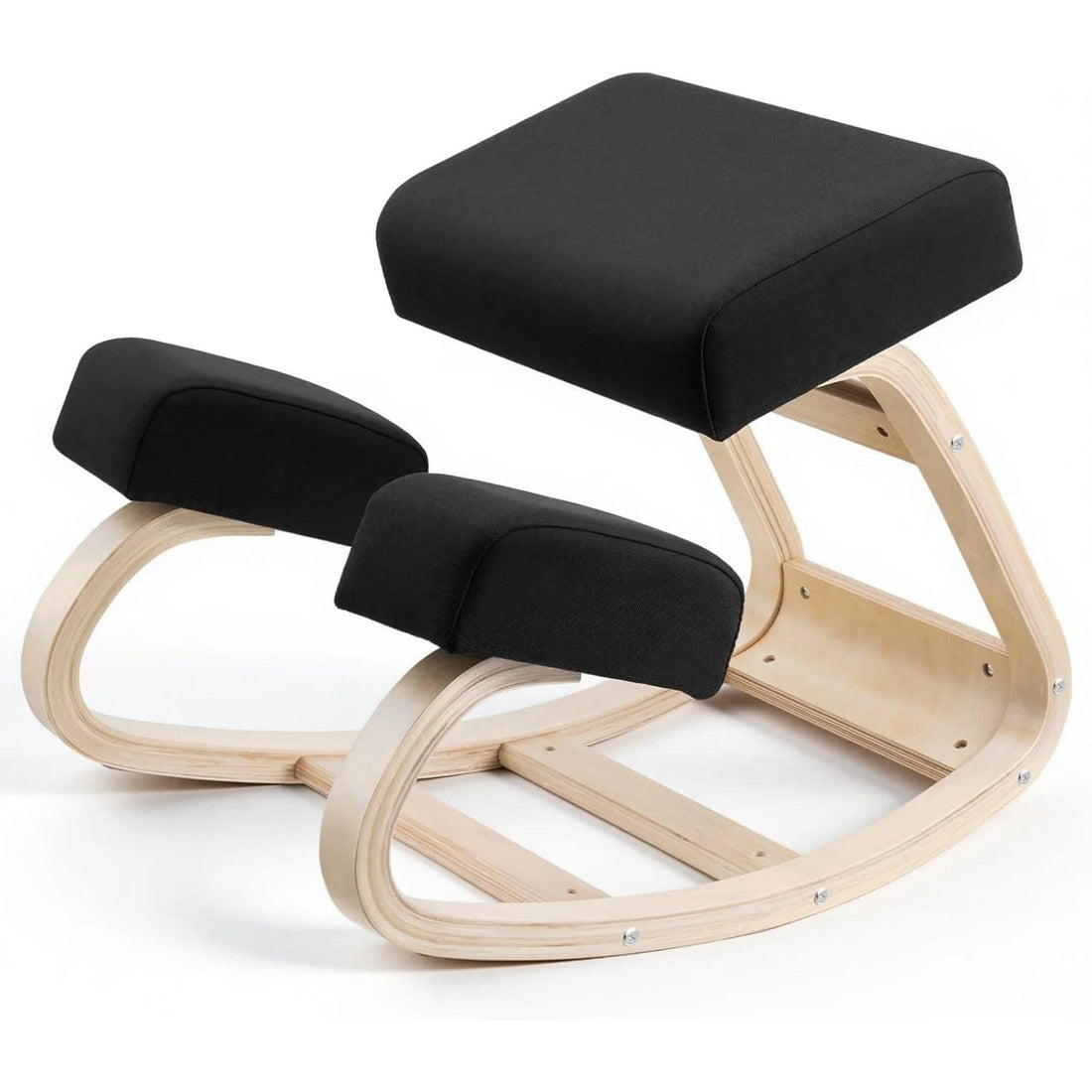 Woman using a wooden ergonomic kneeling chair with black cushions at a desk.