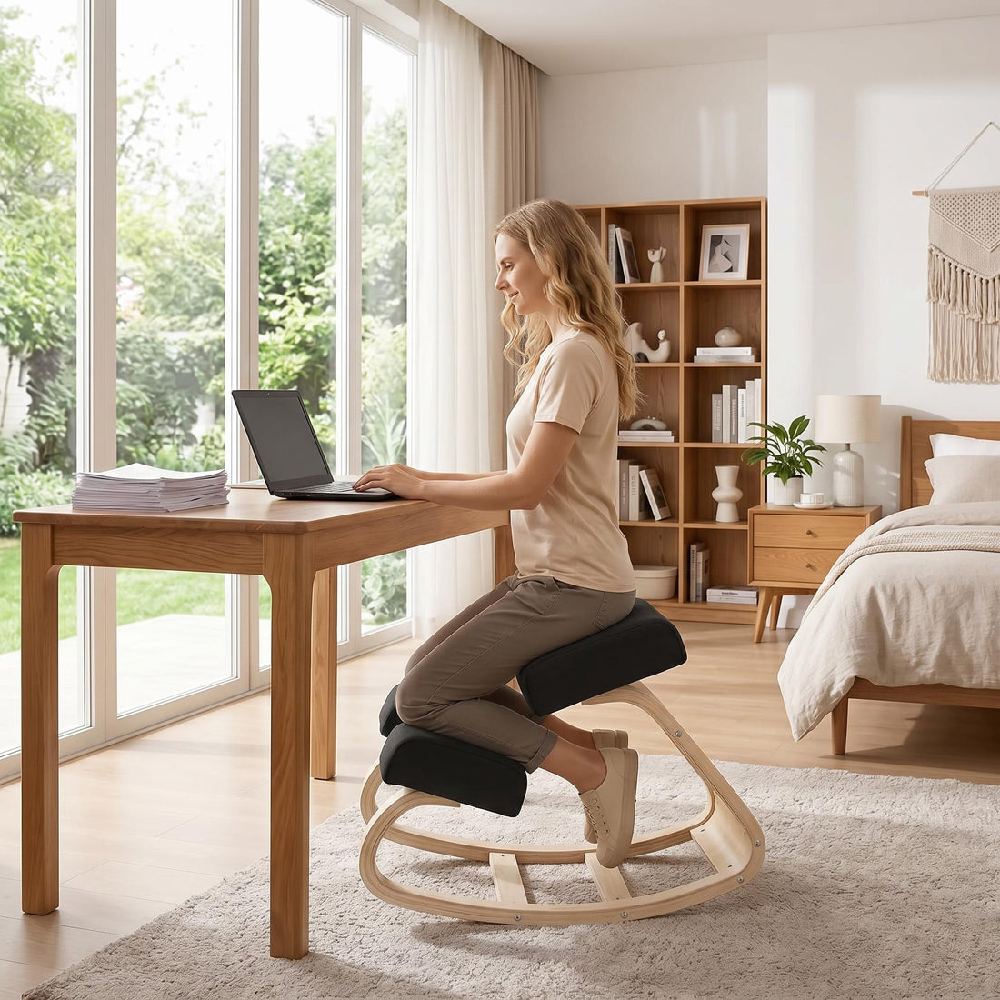 Woman using a wooden ergonomic kneeling chair with black cushions at a desk.