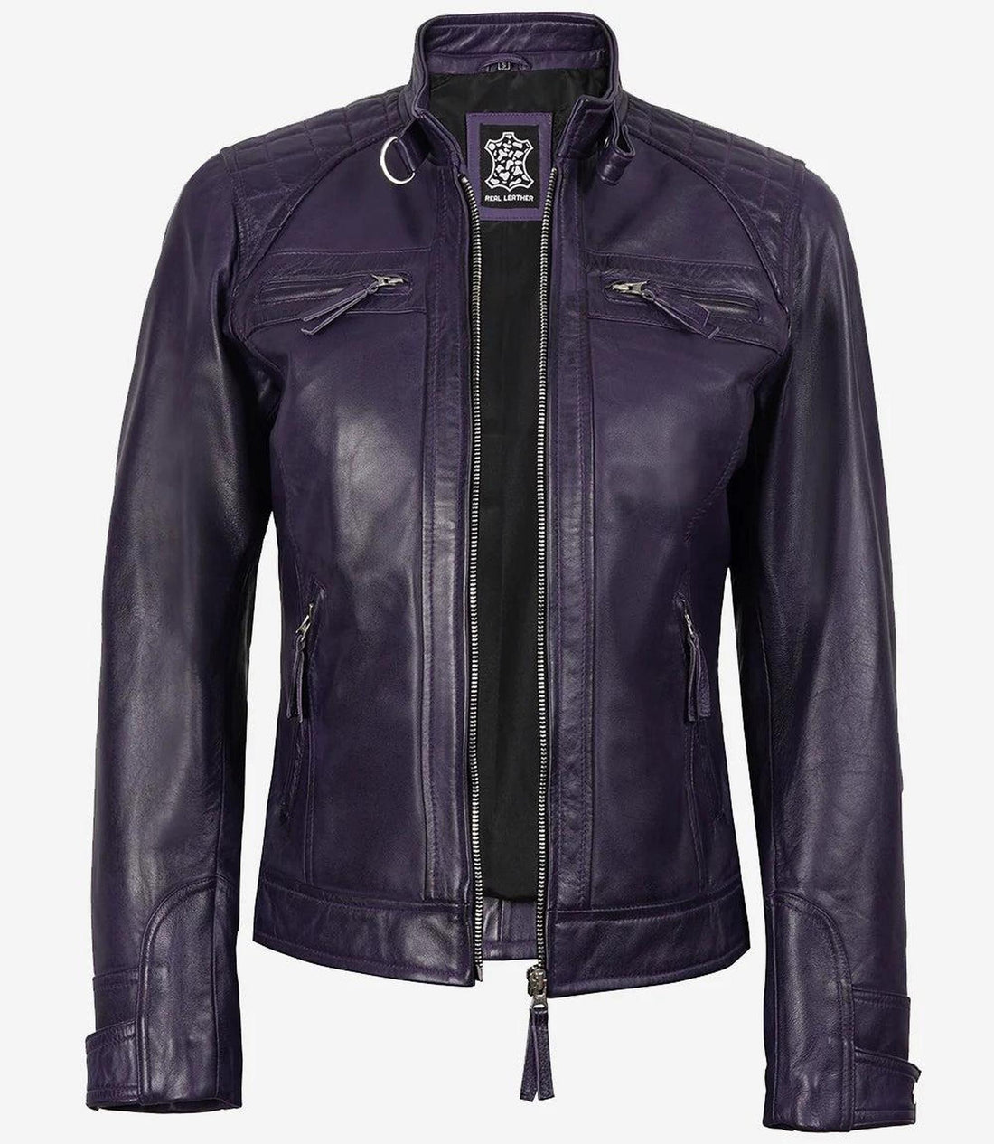 Purple Biker Style Leather Jacket for Women with Quilted Shoulders-Leather Jackets-Glompi-XS-Glompi