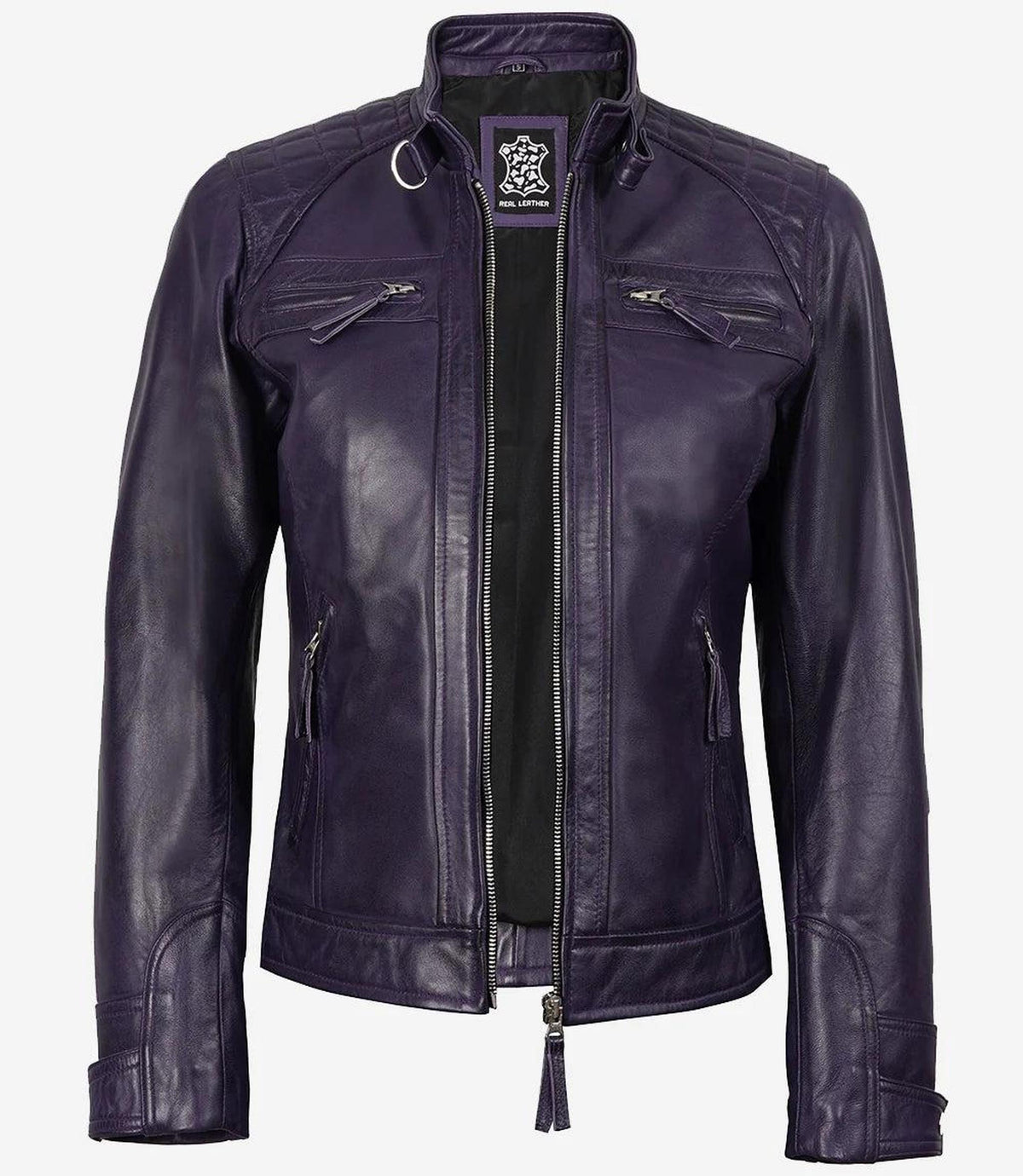 Purple Biker Style Leather Jacket for Women with Quilted Shoulders-Leather Jackets-Glompi-Glompi