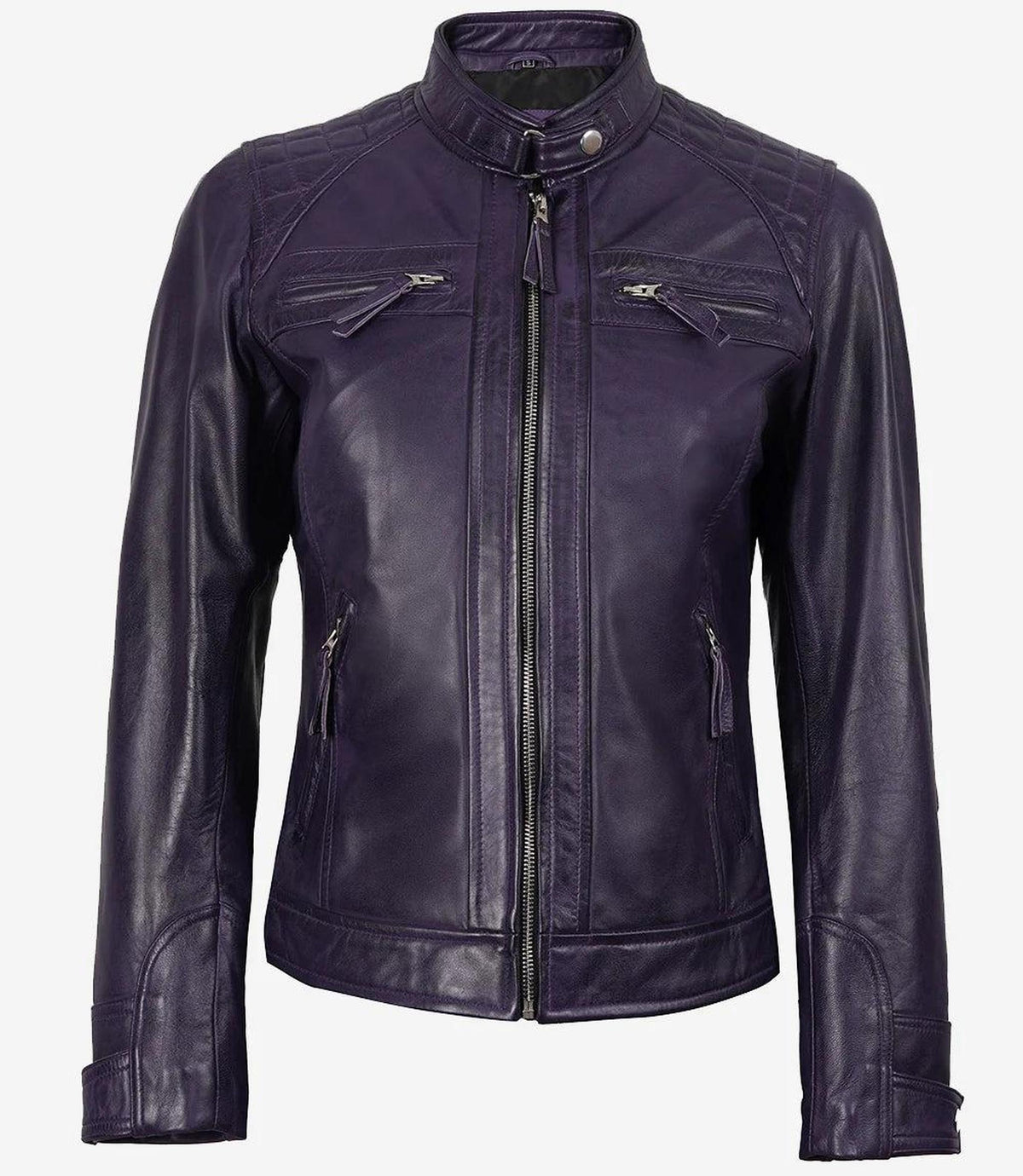Purple Biker Style Leather Jacket for Women with Quilted Shoulders-Leather Jackets-Glompi-Glompi