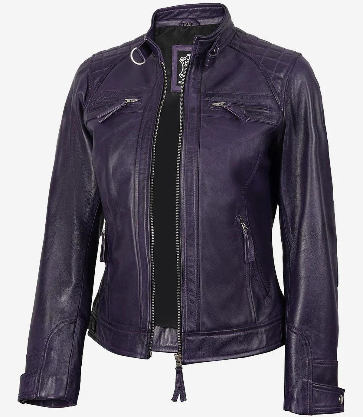 Purple Biker Style Leather Jacket for Women with Quilted Shoulders-Leather Jackets-Glompi-XS-Glompi