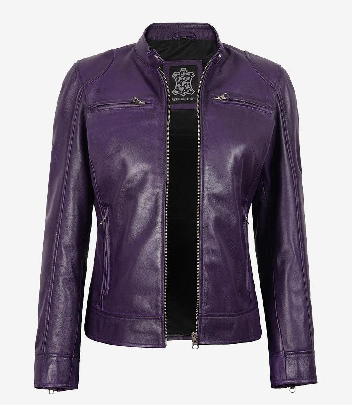 Purple Lambskin Leather Biker Jacket for Women-Leather Jackets-Glompi-Glompi