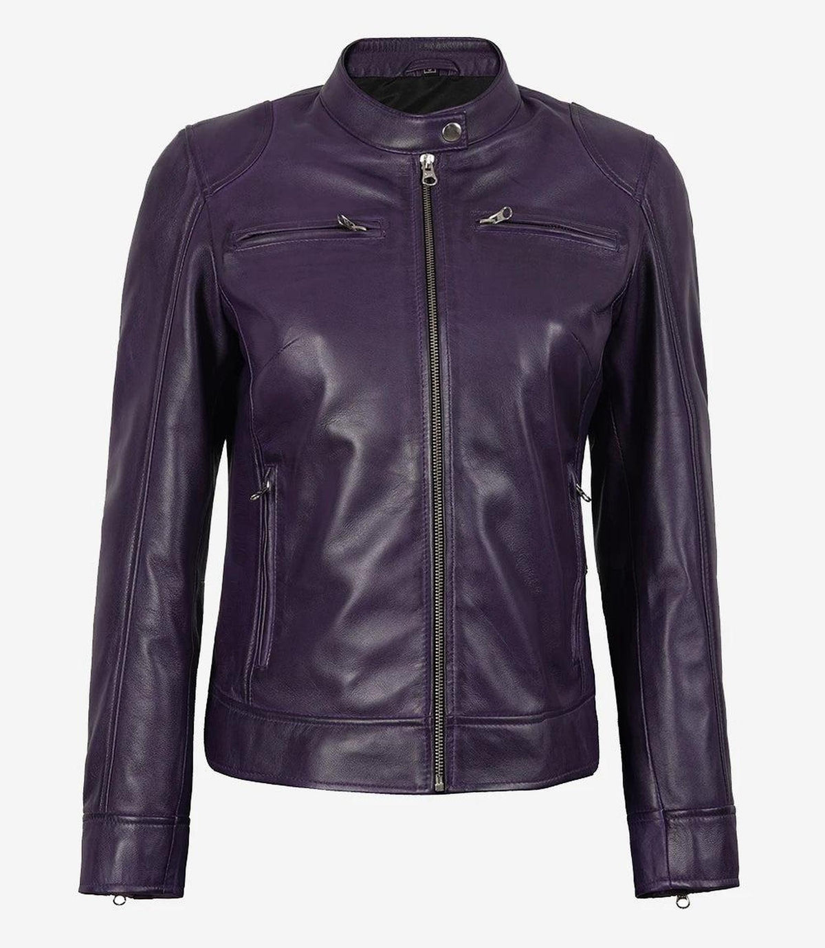 Purple Lambskin Leather Biker Jacket for Women-Leather Jackets-Glompi-Glompi