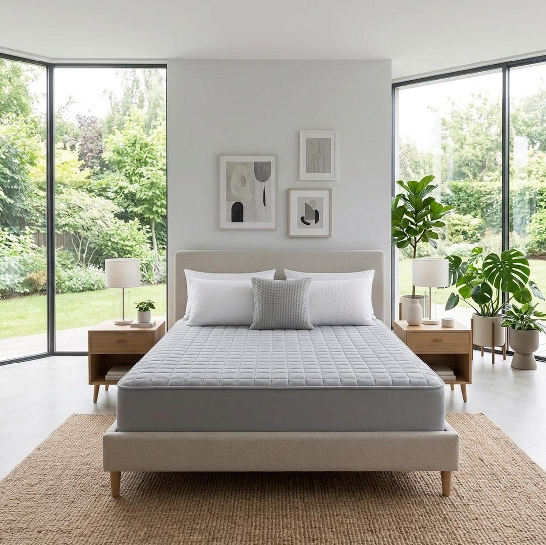 Woman kneeling on a soft, grey quilted Queen mattress protector in a bright bedroom.