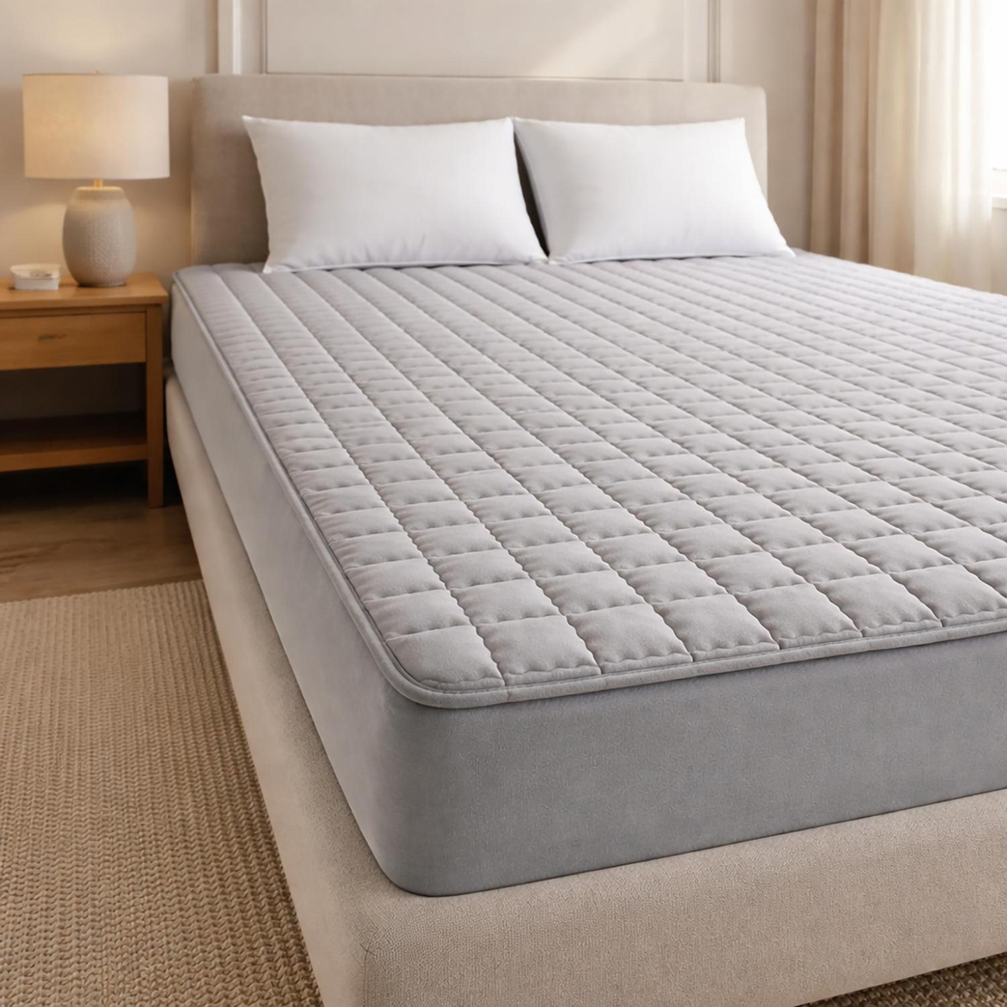 Gray quilted Queen mattress protector on a bed, showcasing its soft, diamond-stitched surface and fitted design.