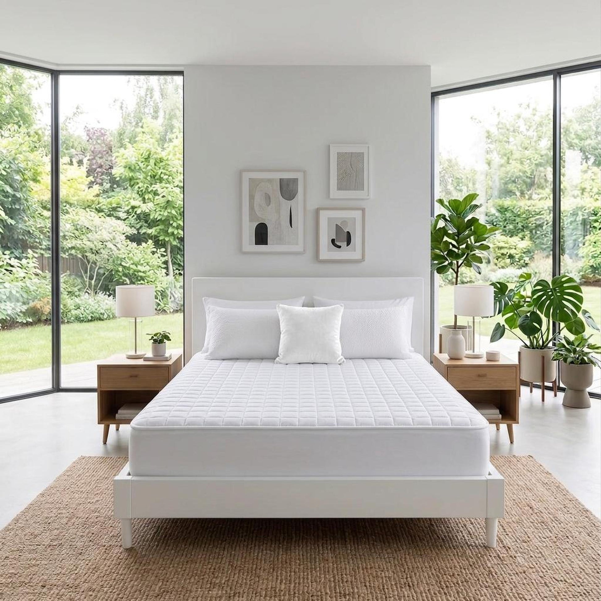 White quilted queen mattress protector on a bed in a bright, modern bedroom.