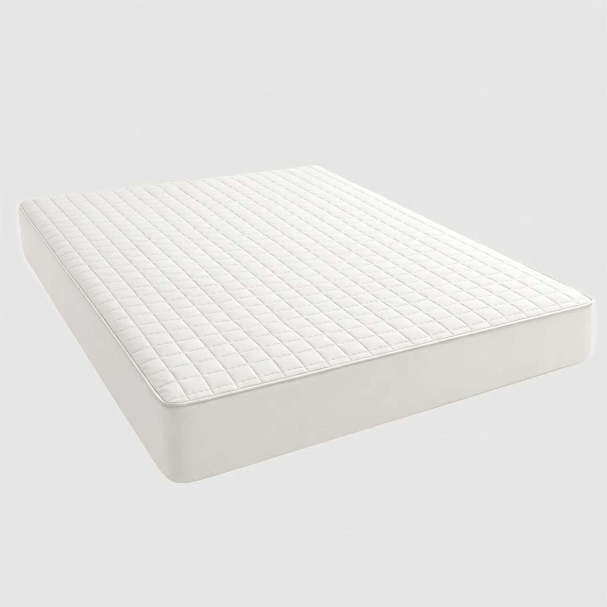White quilted Queen mattress protector with soft, breathable surface.