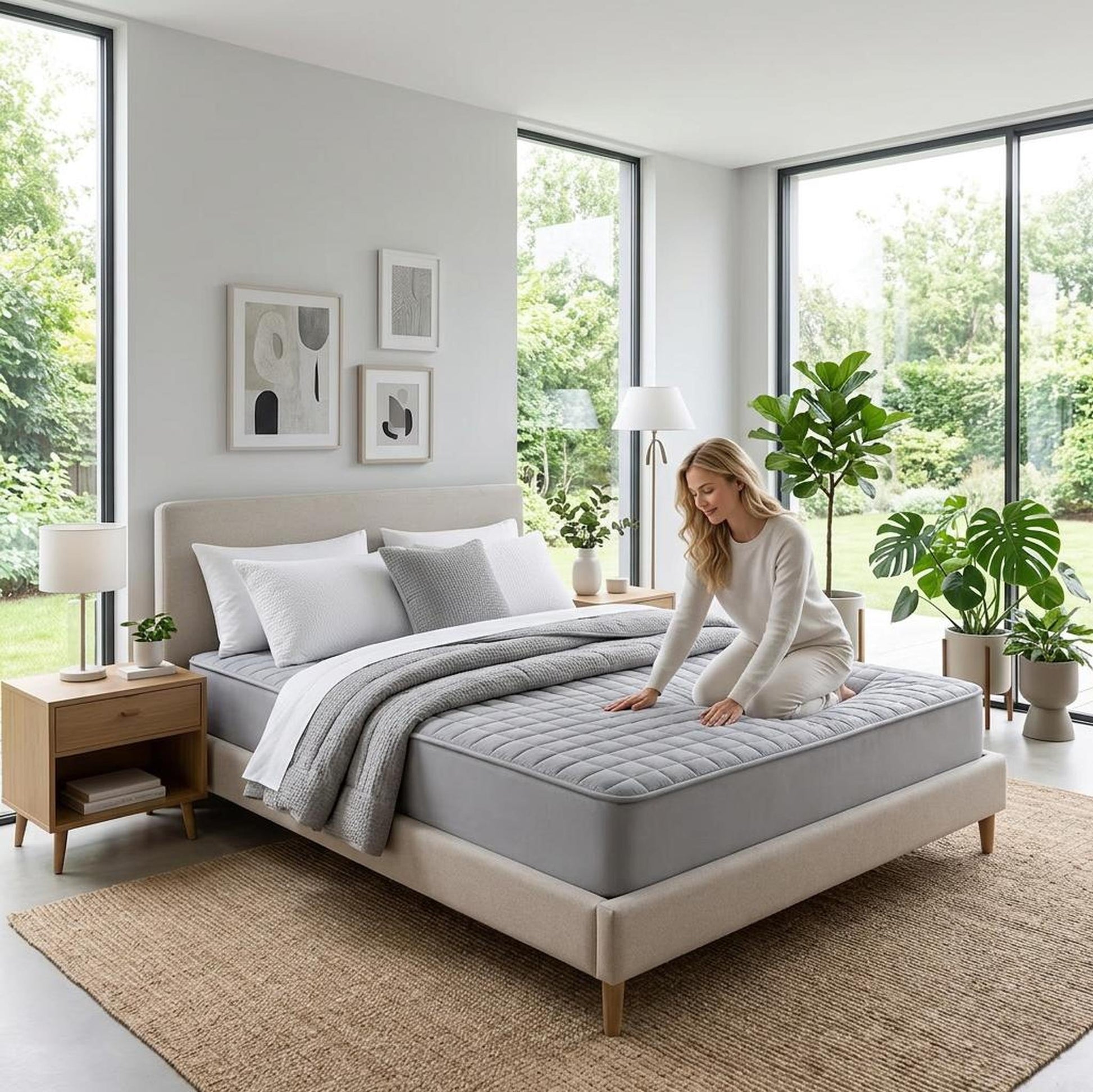 Woman kneeling on a soft, grey quilted Queen mattress protector in a bright bedroom.