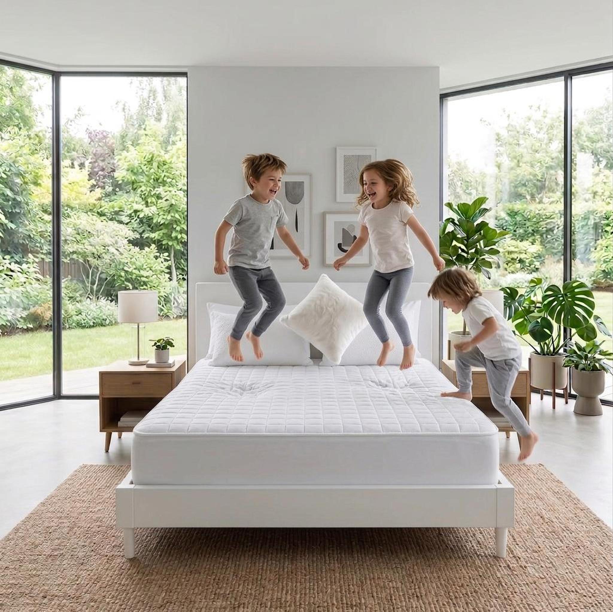 Three kids jumping on a white quilted queen mattress protector, showcasing its secure fit and soft texture.