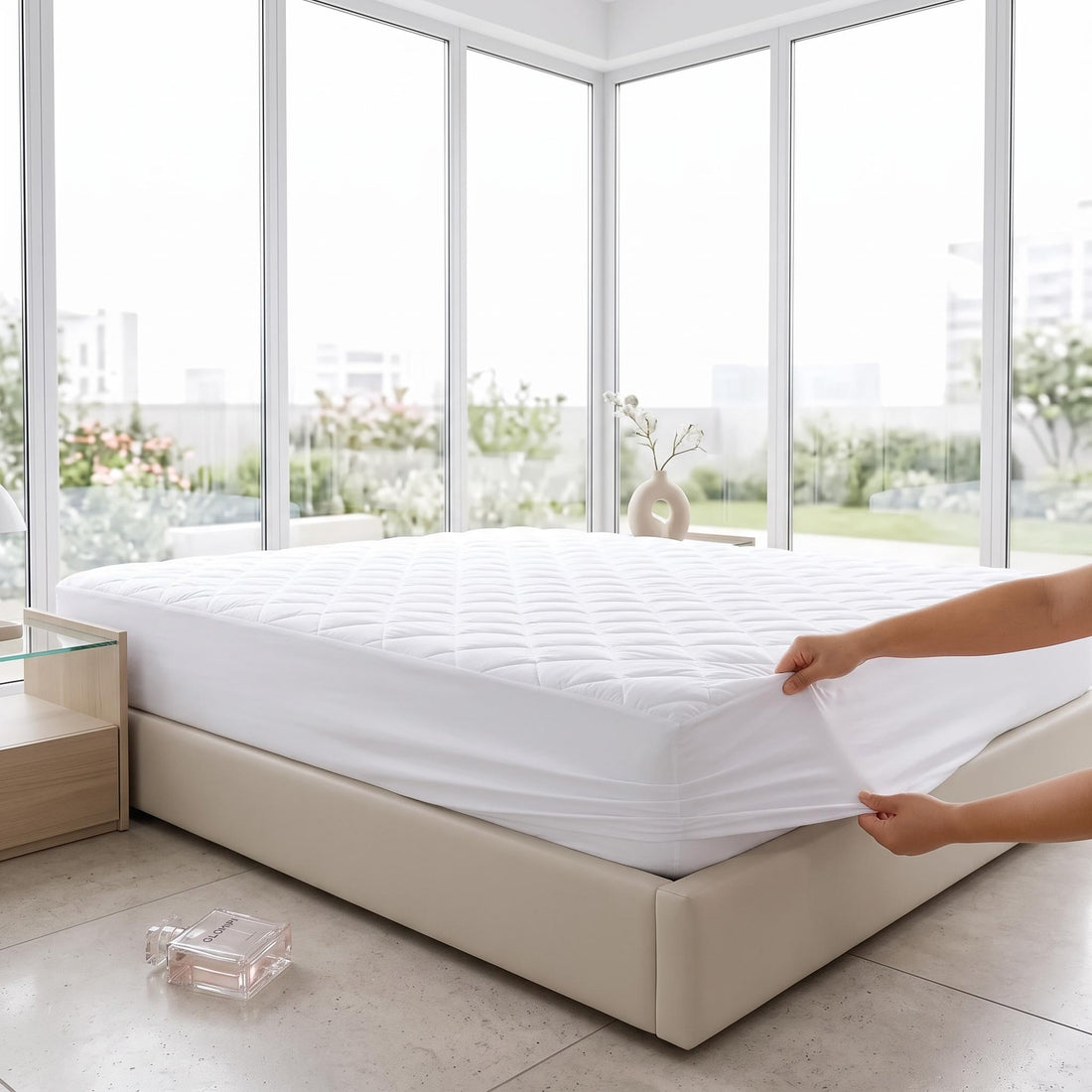 Woman sleeping on a white quilted queen mattress pad with a soft microfiber surface in a bright, modern bedroom.