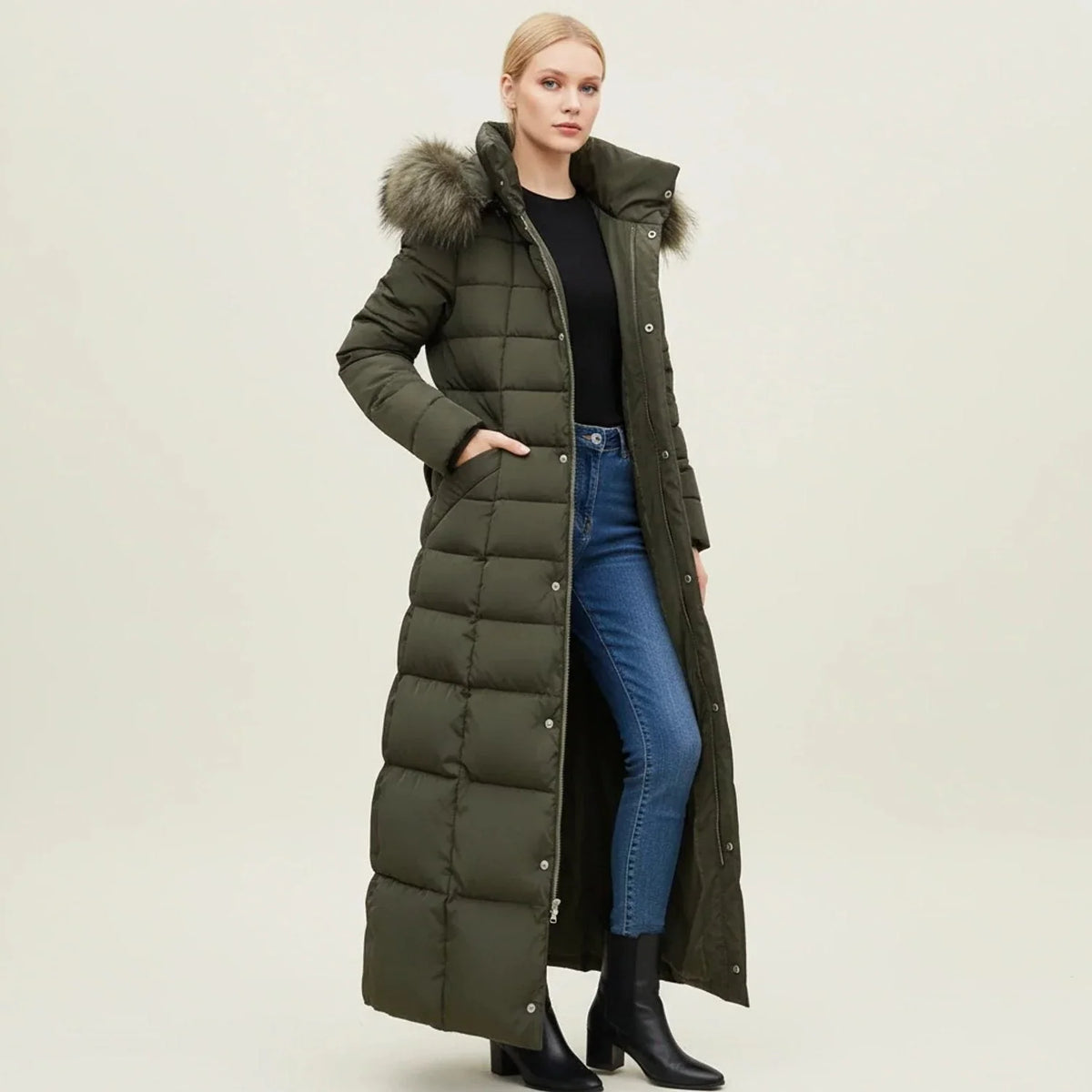 Quilted Women's Parka Jacket with Faux Fur Hood and Belt 3