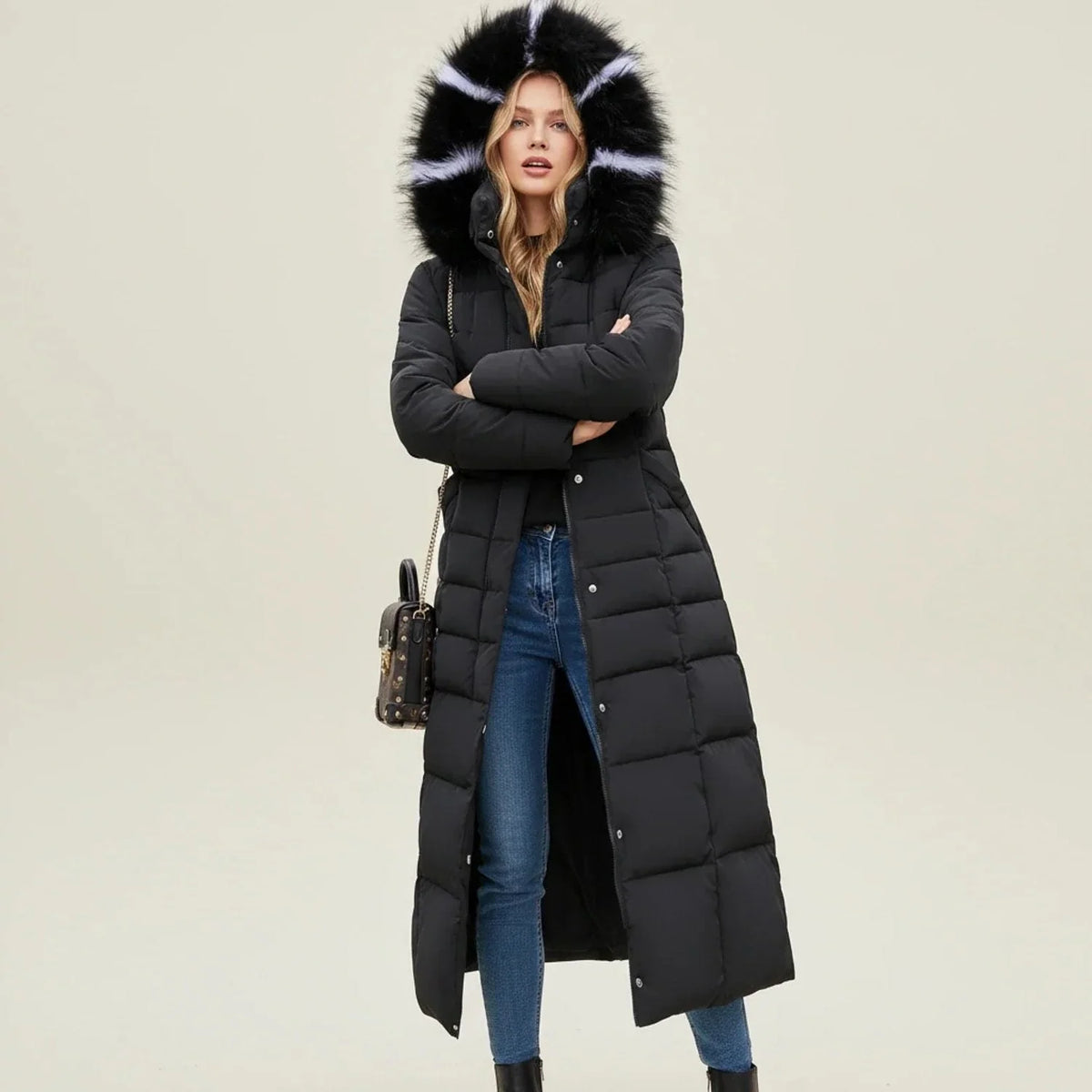 Quilted Women's Parka Jacket with Faux Fur Hood and Belt 1