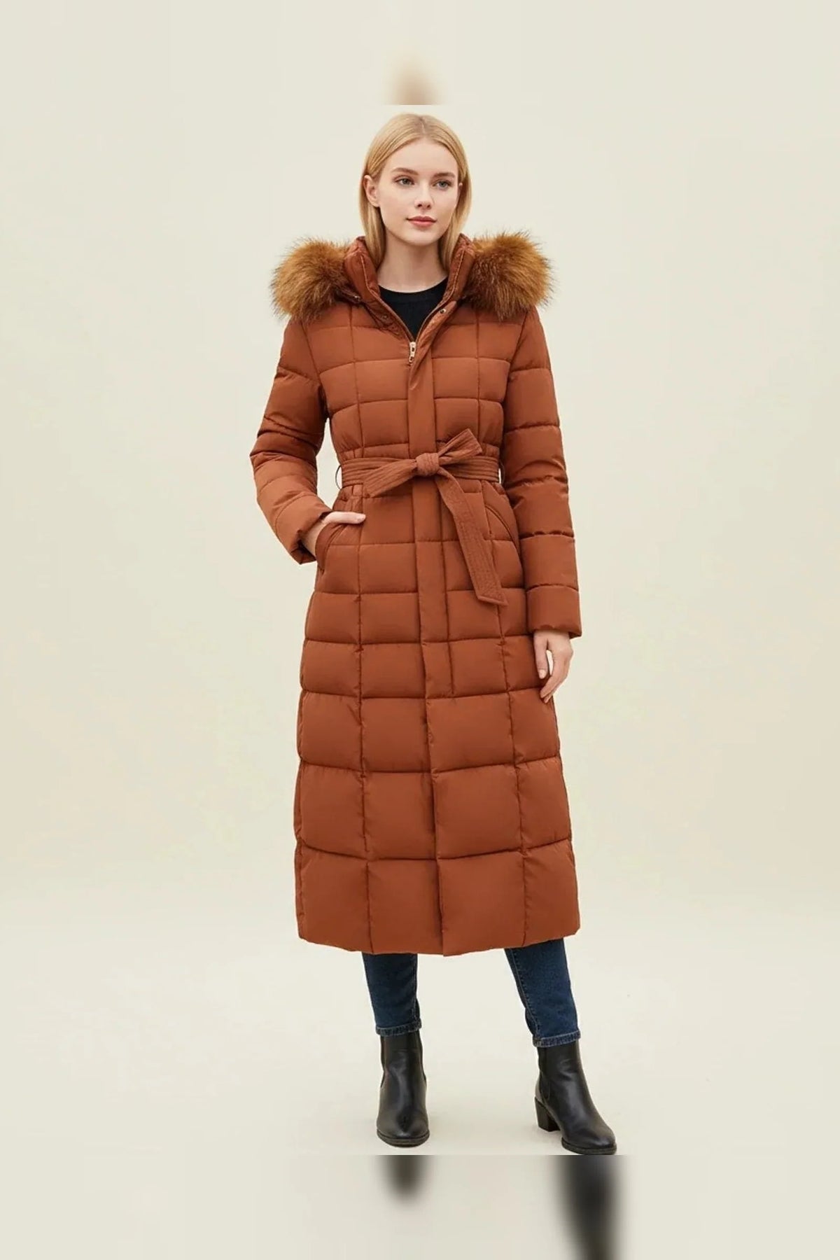 Quilted Women's Parka Jacket with Faux Fur Hood and Belt 0