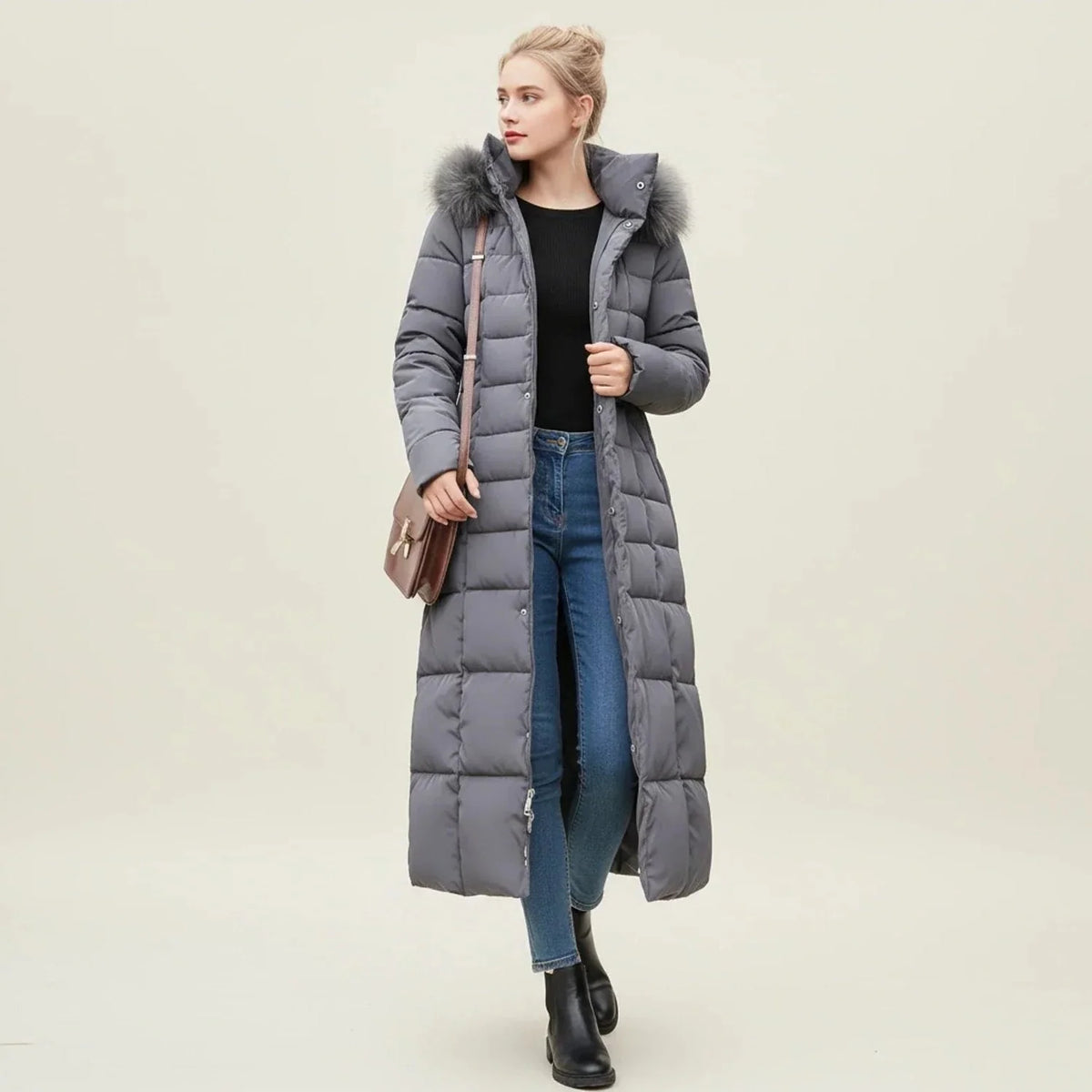 Quilted Women's Parka Jacket with Faux Fur Hood and Belt 2