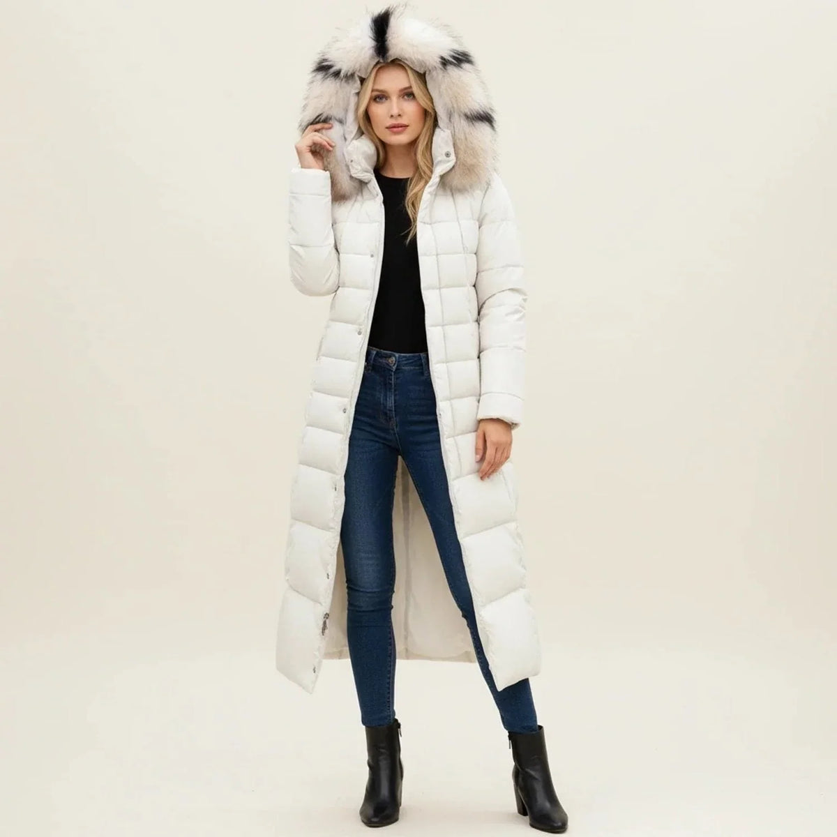 Quilted Women's Parka Jacket with Faux Fur Hood and Belt 5