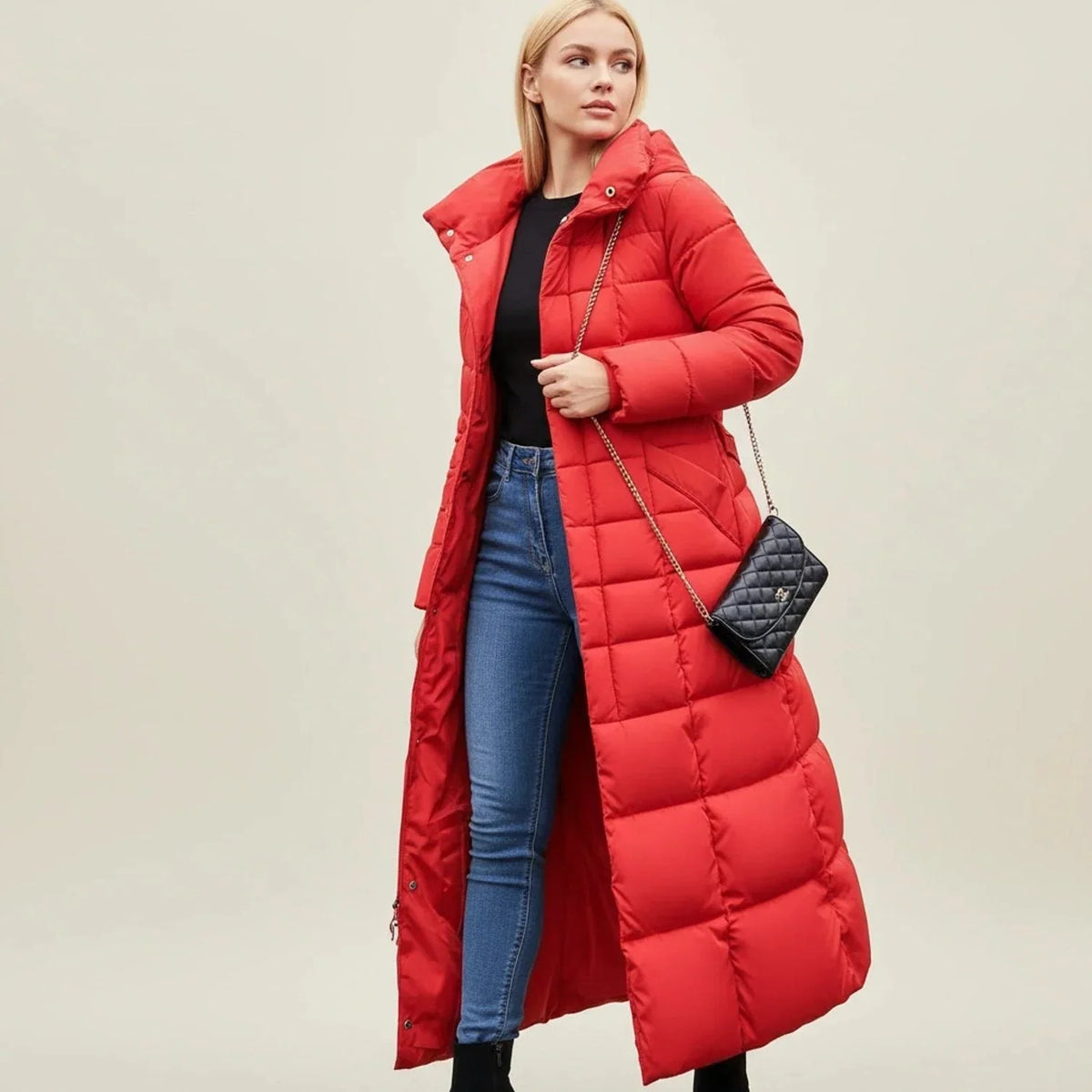 Quilted Women's Parka Jacket with Faux Fur Hood and Belt 4