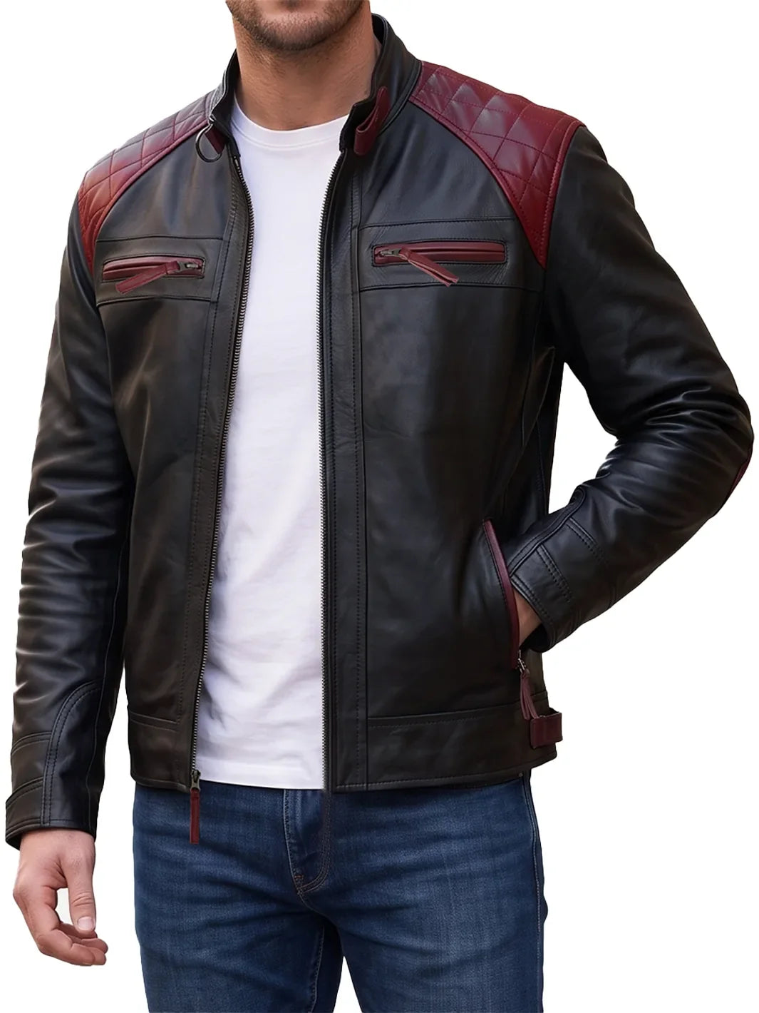 Quilted Leather Cafe Racer Jacket with Burgundy Accents 0