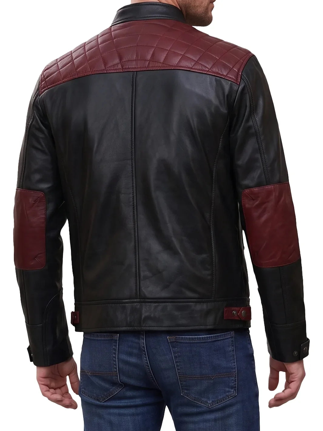 Quilted Leather Cafe Racer Jacket with Burgundy Accents 1