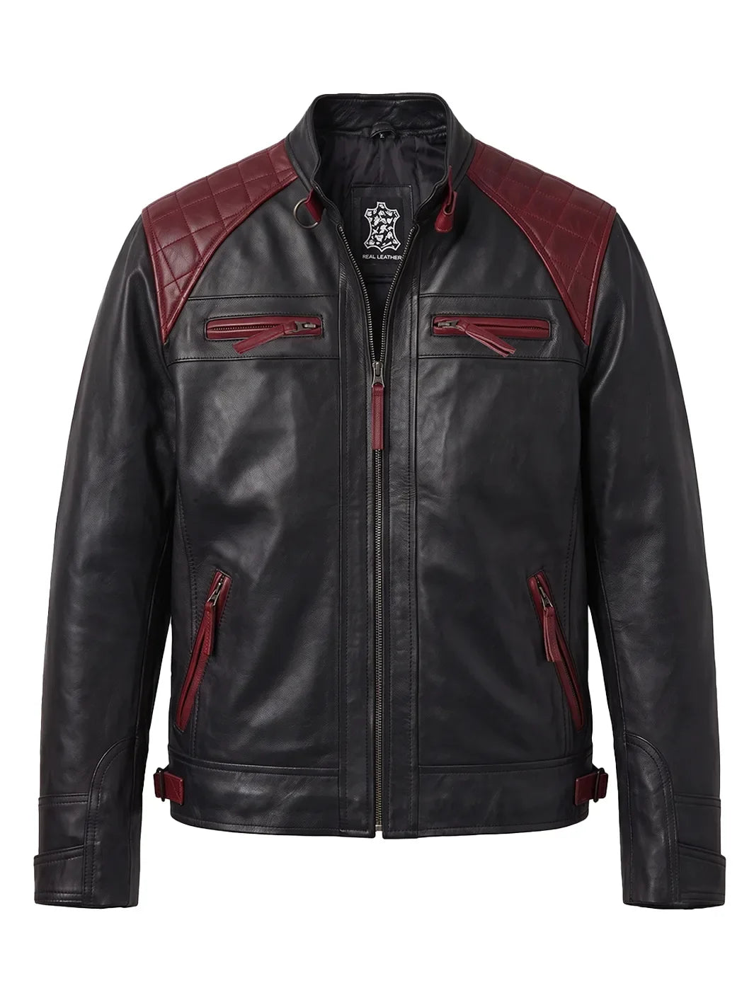 Quilted Leather Cafe Racer Jacket with Burgundy Accents 2