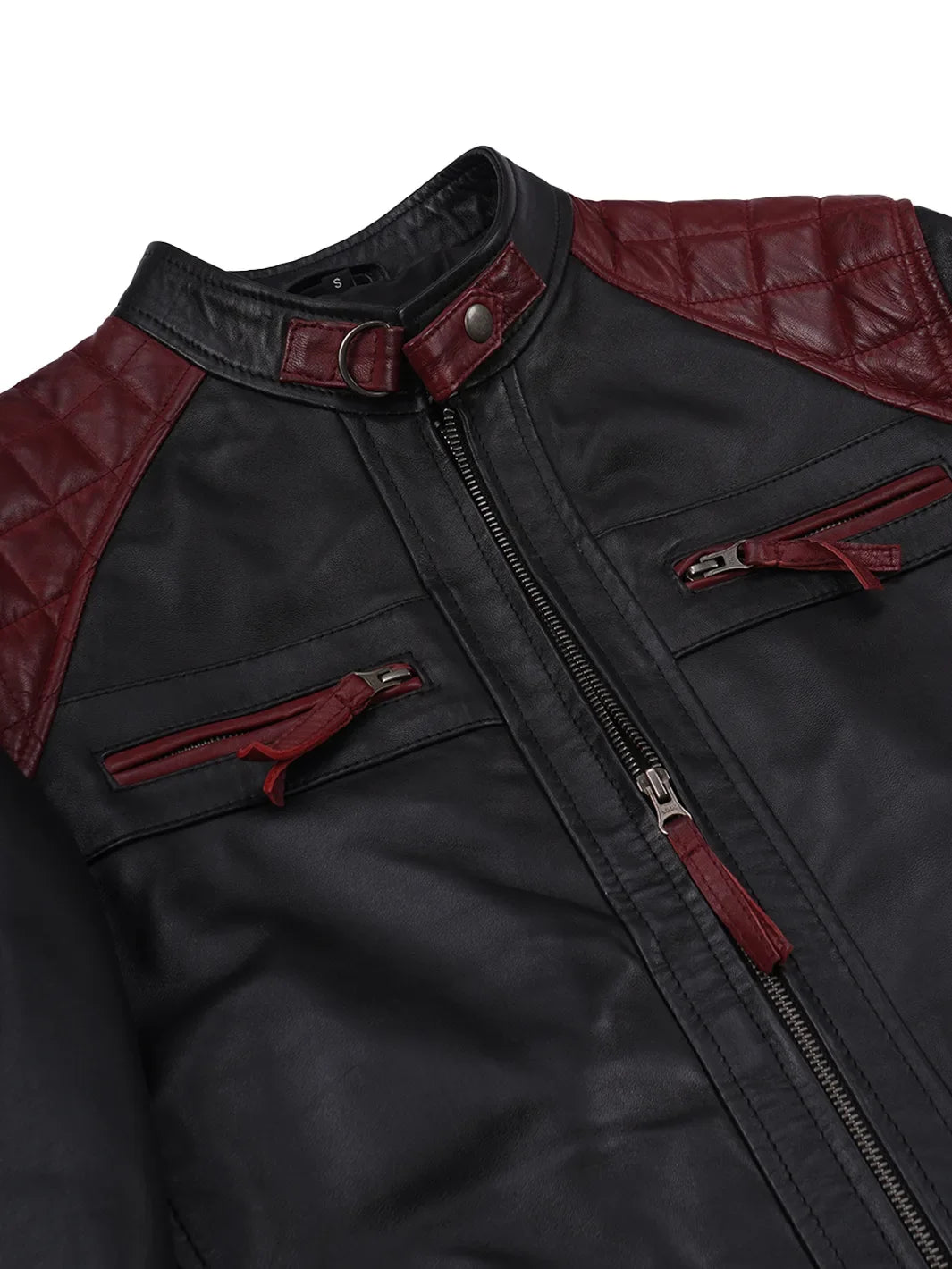 Quilted Leather Cafe Racer Jacket with Burgundy Accents 4