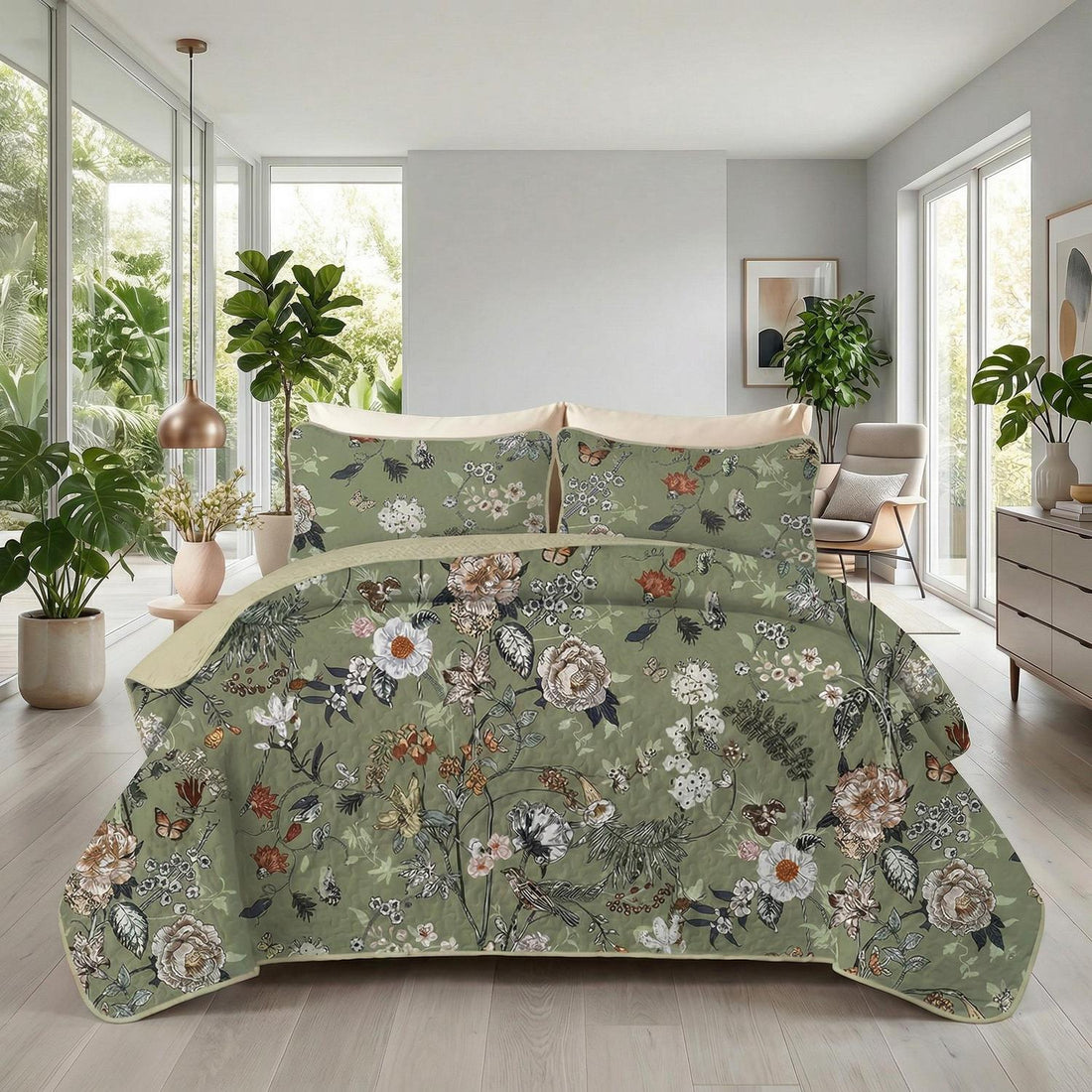 Rainforest floral printed quilt set in twin size, featuring vibrant botanical patterns on soft microfiber.
