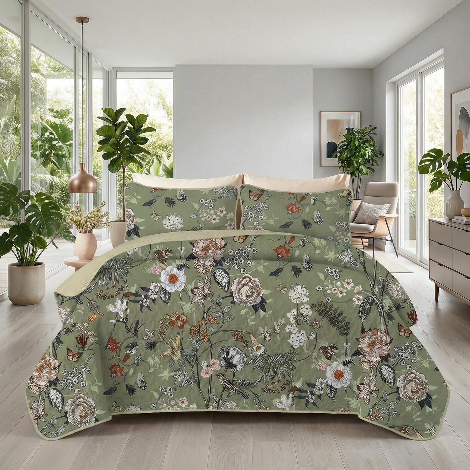 Rainforest floral printed quilt set in vibrant colors, made from soft microfiber, featuring elegant patterns.