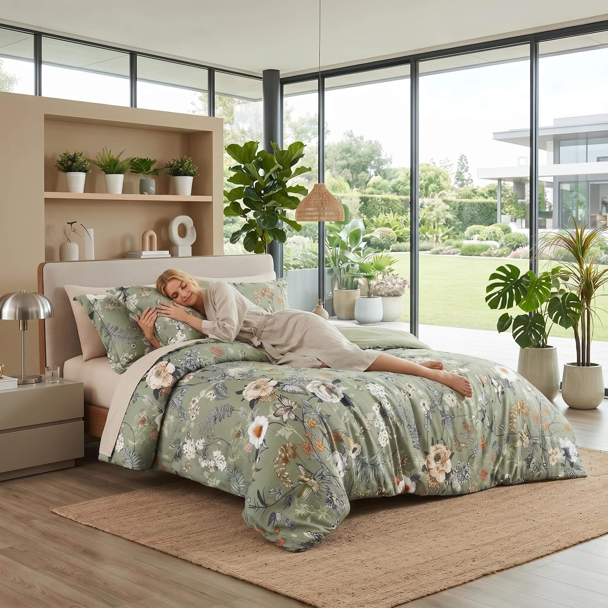 Rainforest floral printed quilt set in sage green with a woman sleeping on the bed, showcasing the elegant design.