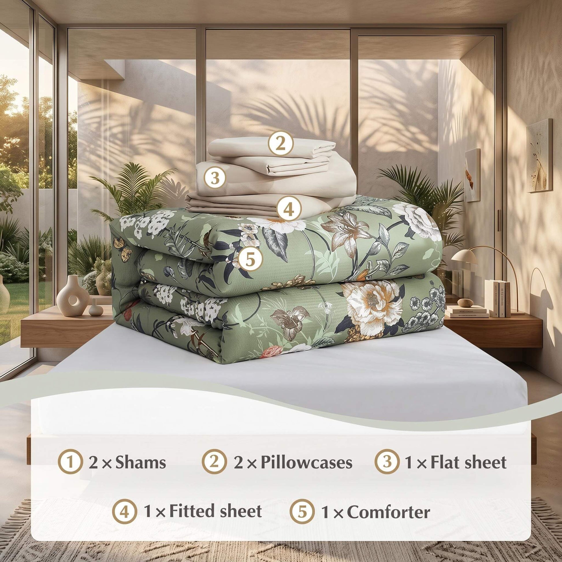 Green rainforest floral printed quilt set with white sheets, shams, and pillowcases.