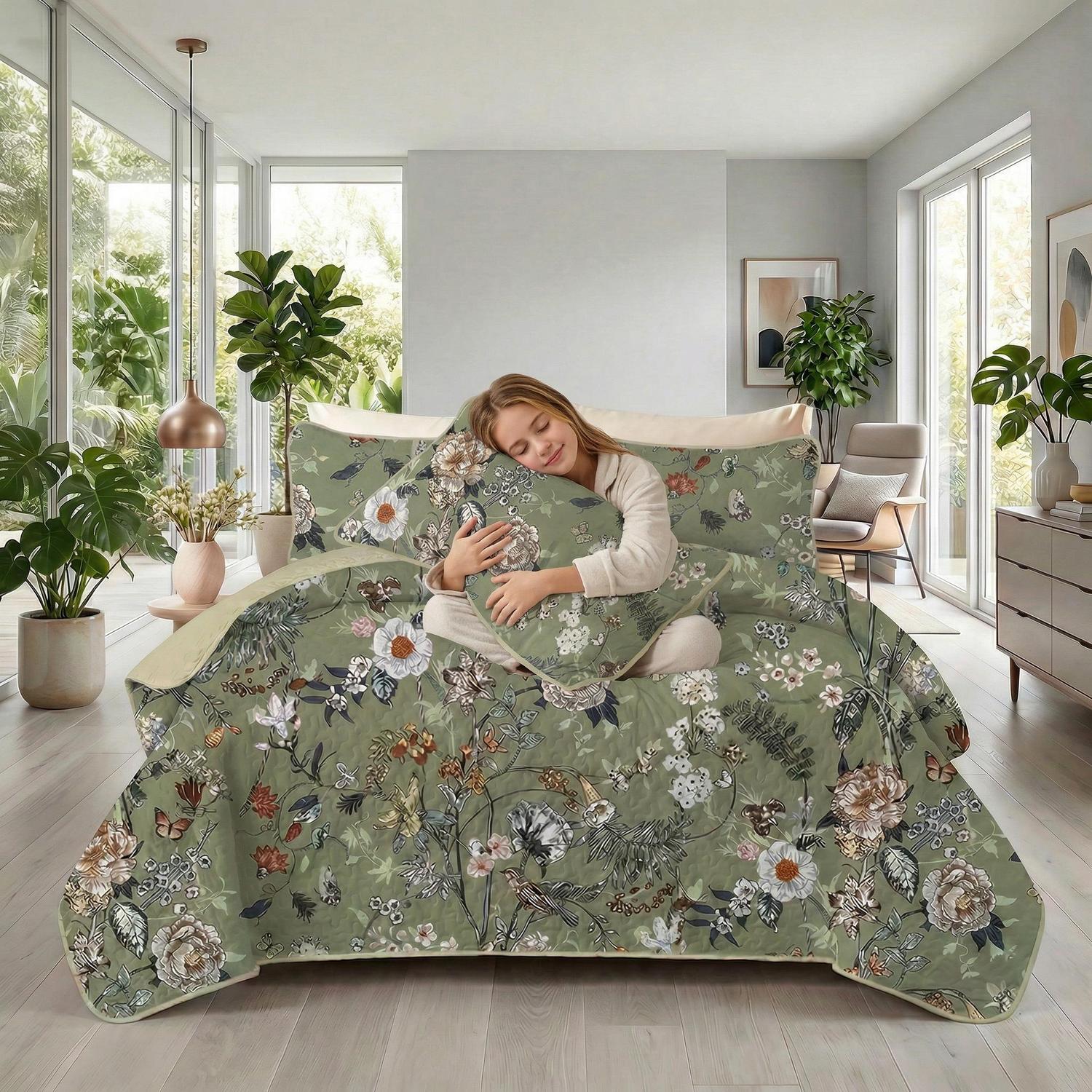 Rainforest floral printed quilt set in vibrant colors, featuring a stylish pattern and soft microfiber material.
