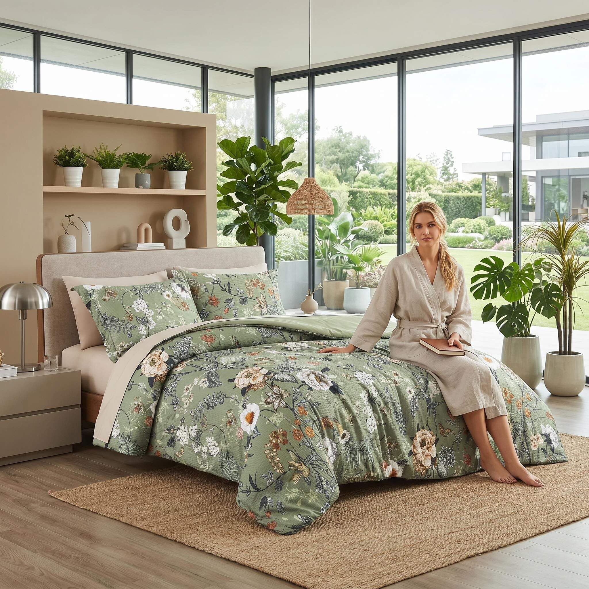 Rainforest floral printed quilt set in green with a woman in a robe on a bed in a modern bedroom.
