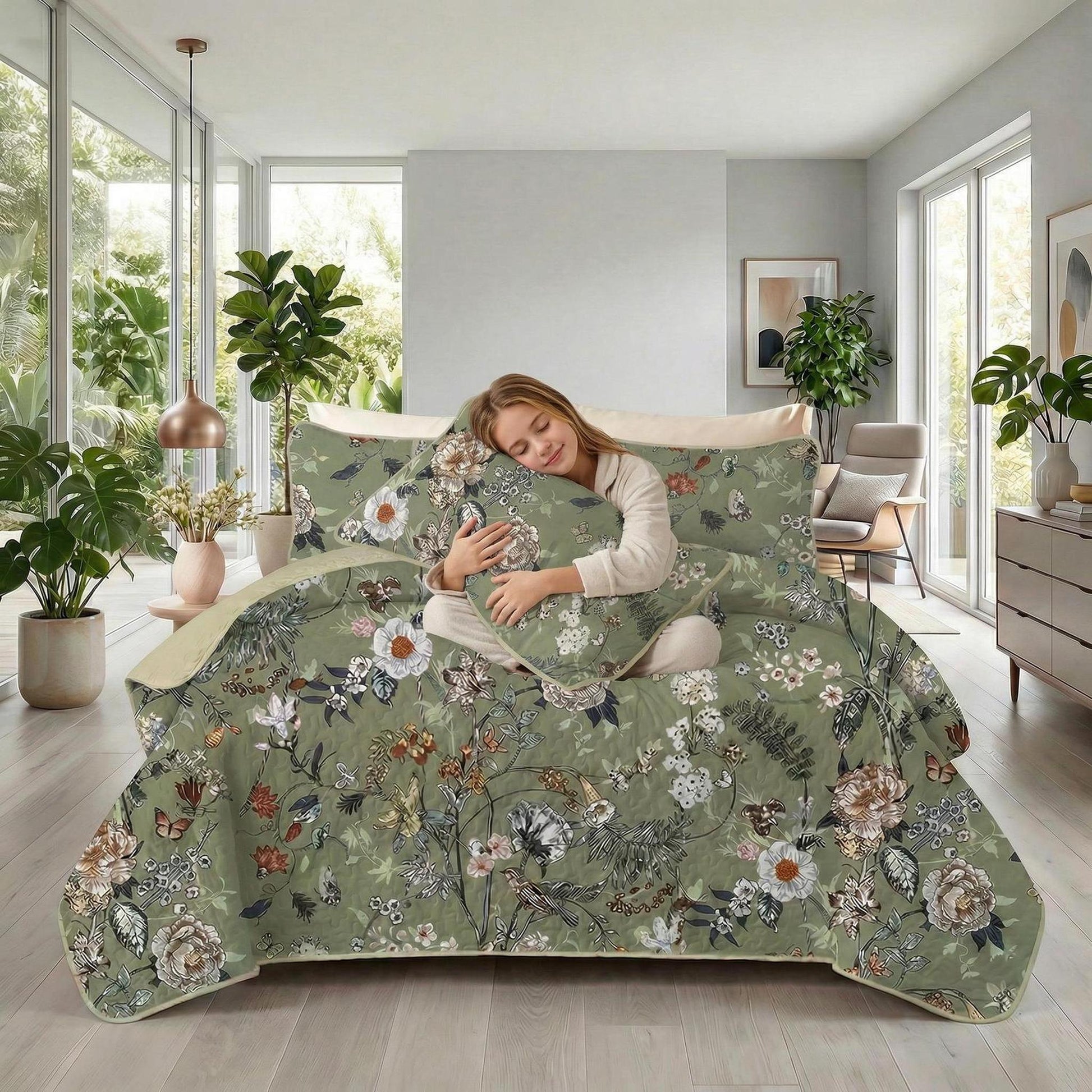 Rainforest floral printed quilt set in sage green with a woman sleeping comfortably.