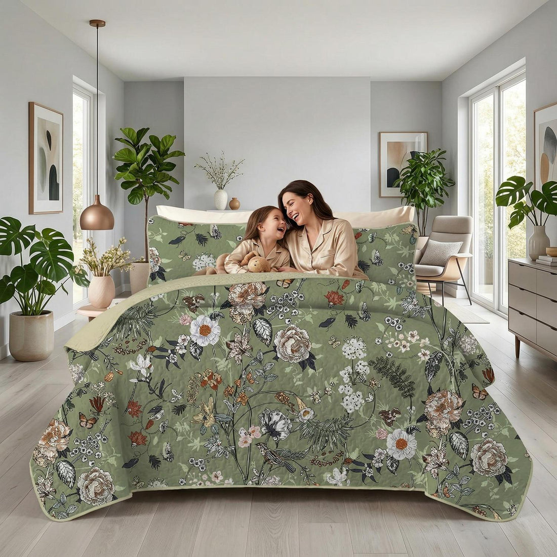 Rainforest floral printed quilt set in twin size, featuring vibrant botanical patterns on soft microfiber.