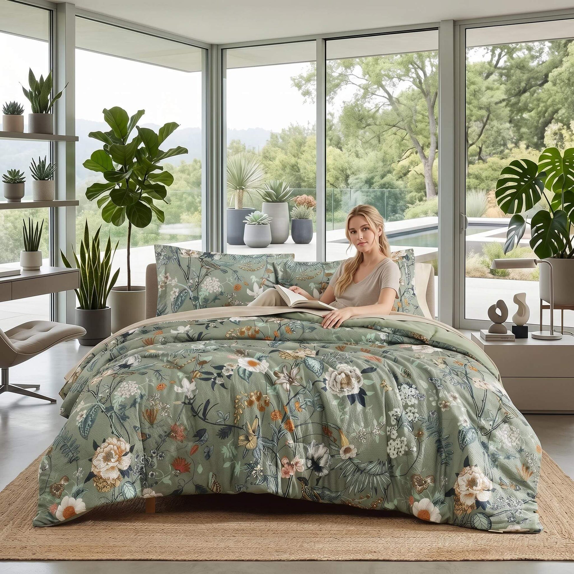 Rainforest floral printed quilt set in green with a woman reading in a modern bedroom.