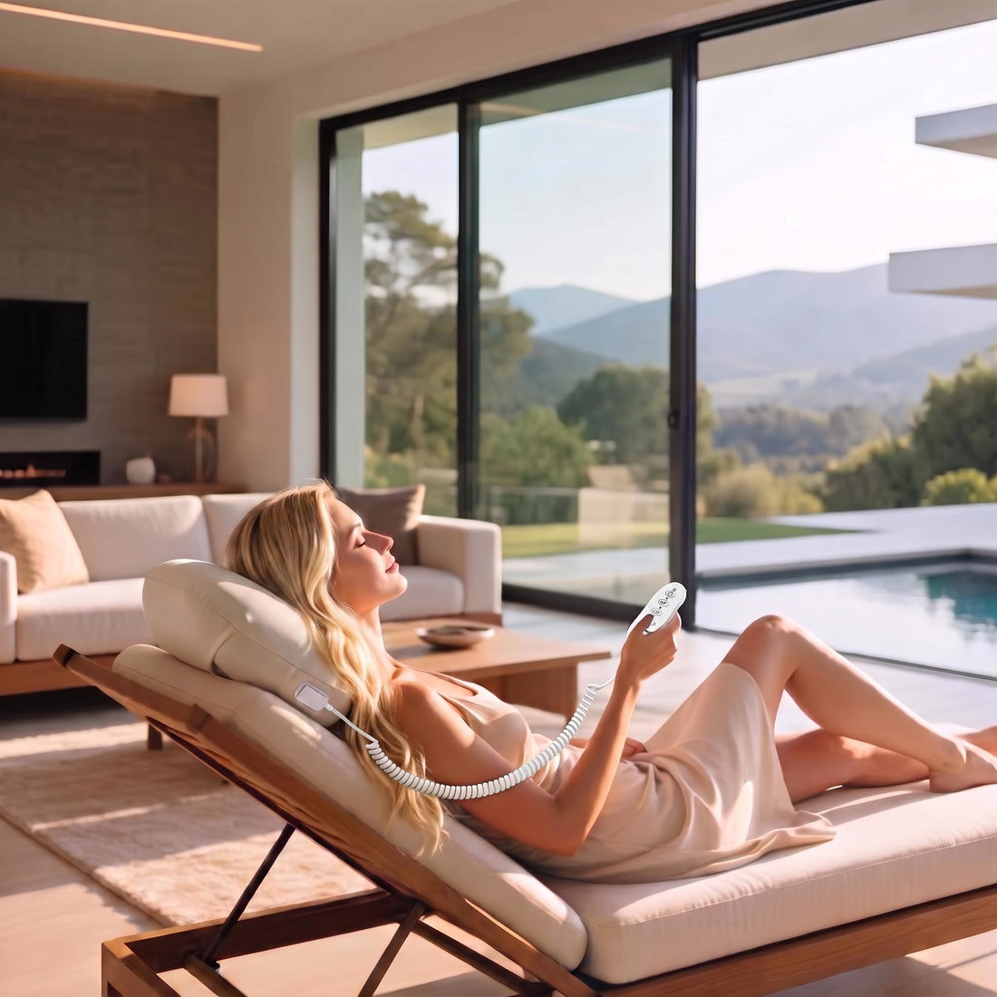 Woman relaxing on a bed using a white, ergonomic memory foam heated neck massage pillow with a handheld remote control.