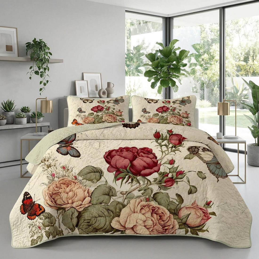 Red butterfly floral printed microfiber quilt set, Twin size.