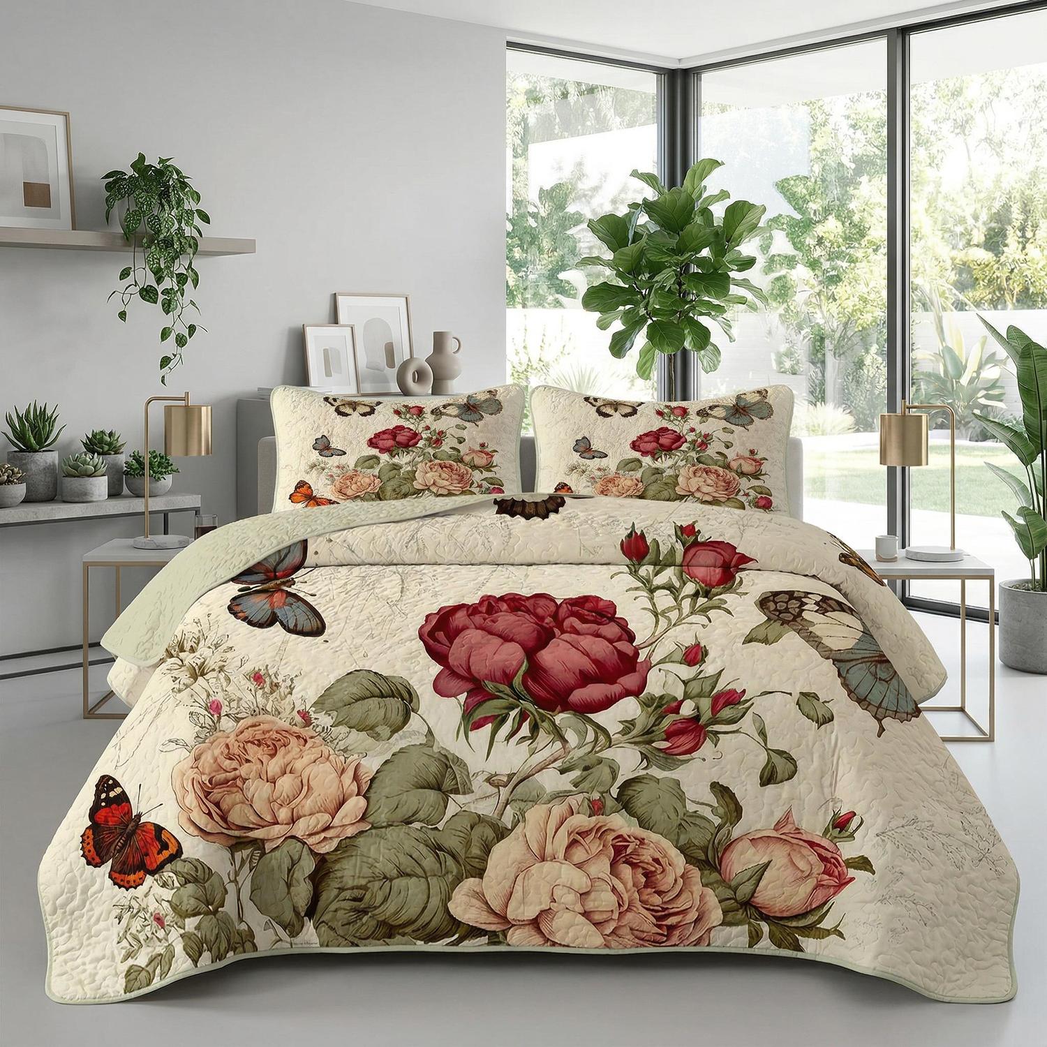 Red butterfly floral printed microfiber quilt set with elegant patterns.