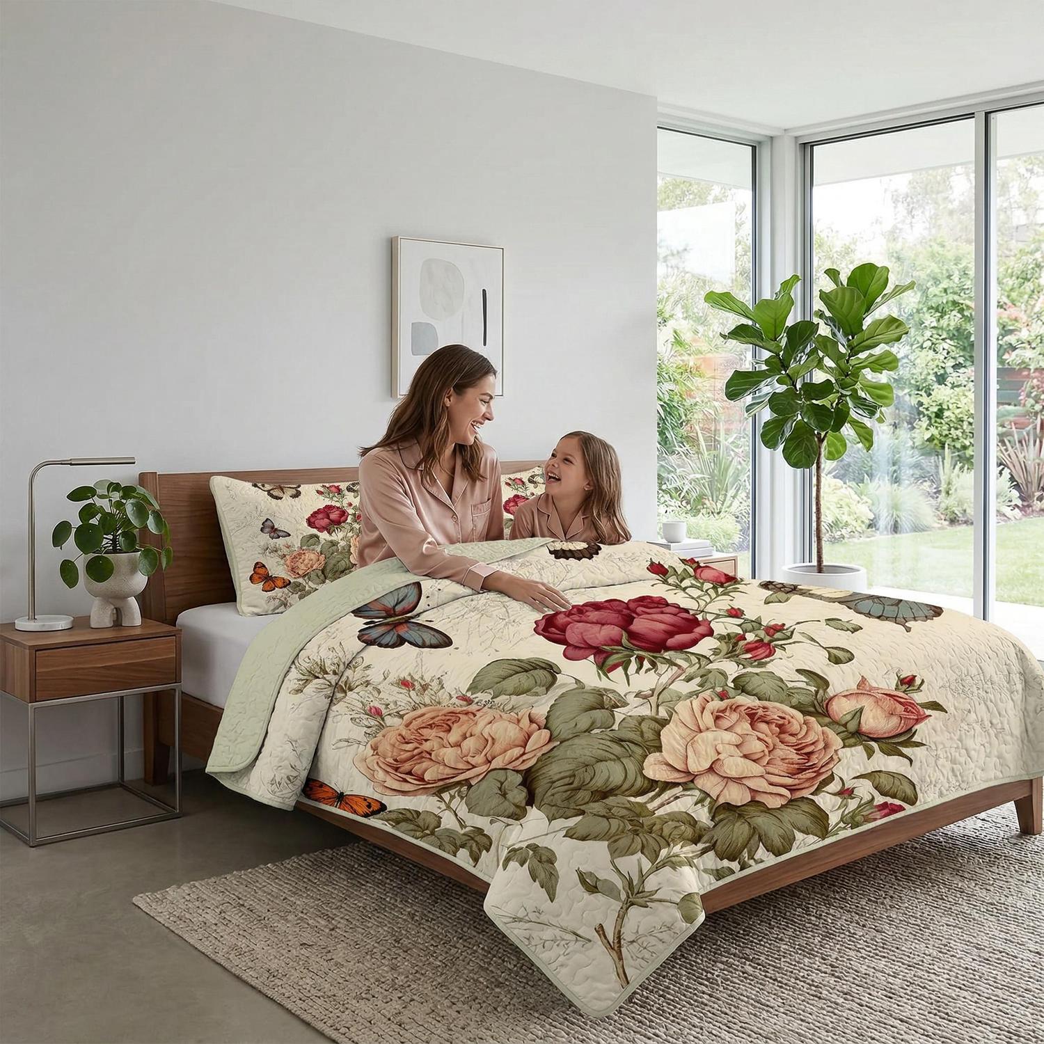 Red butterfly floral printed microfiber quilt set with elegant patterns.