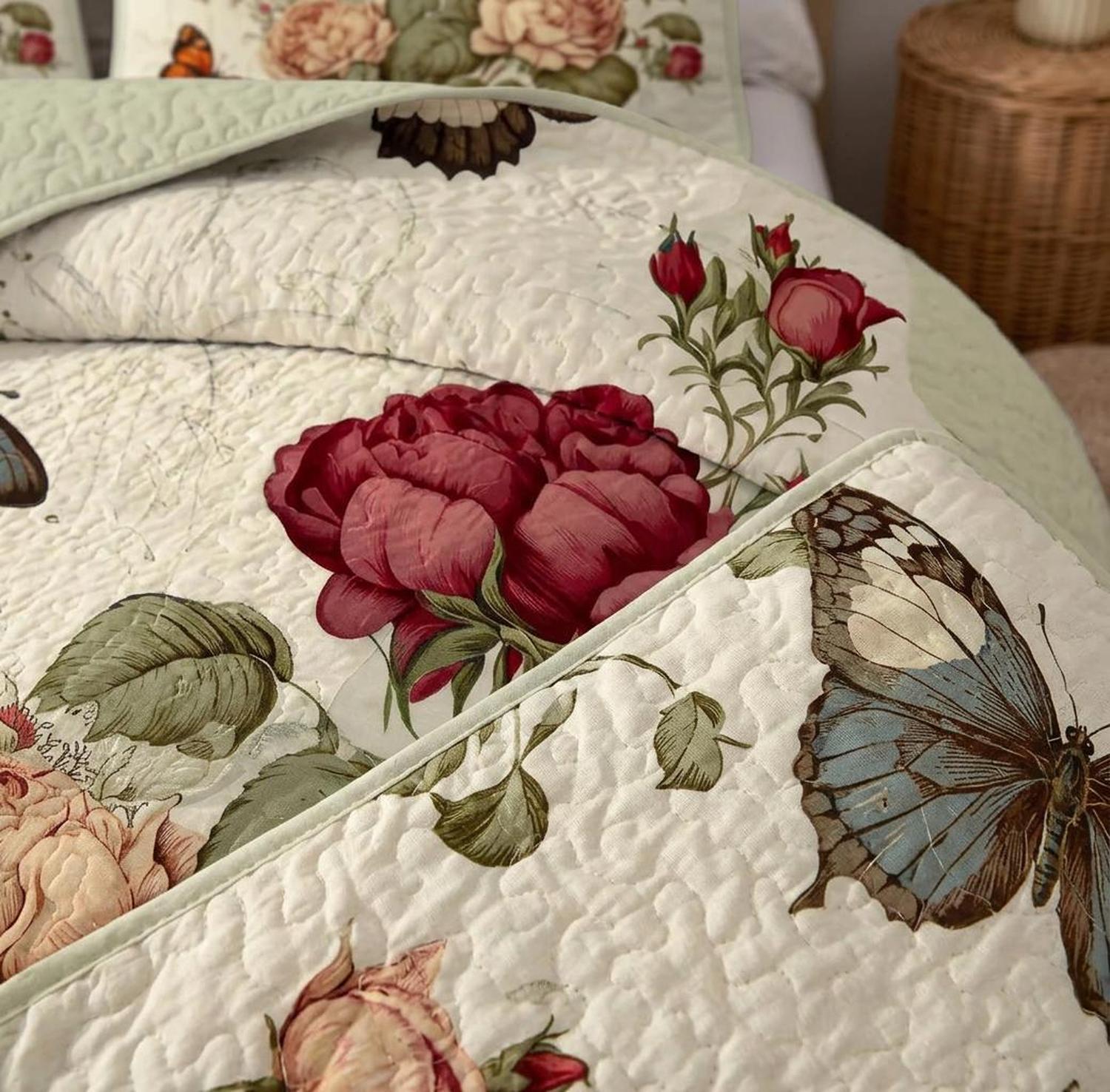 Red butterfly floral printed microfiber quilt set with elegant patterns.