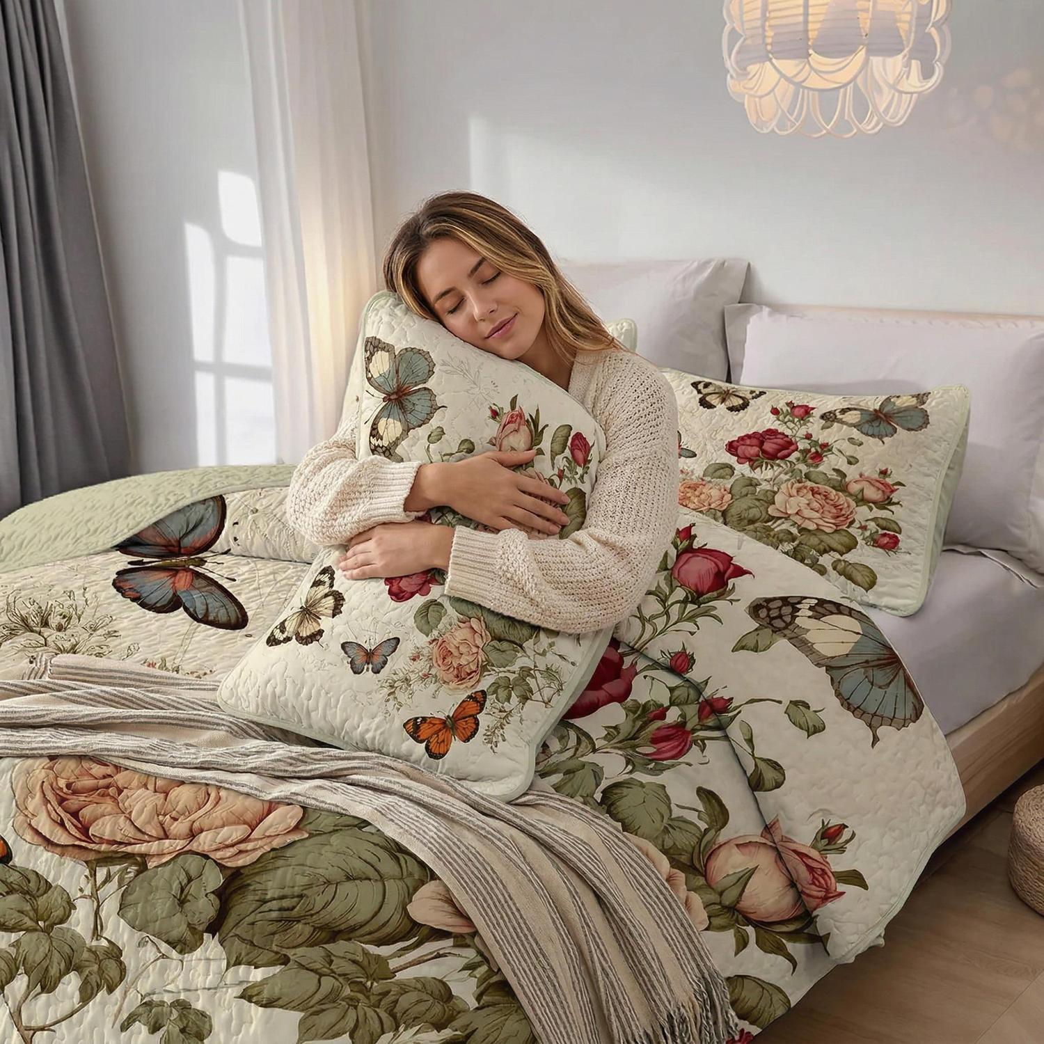 Red butterfly floral printed microfiber quilt set with elegant patterns.