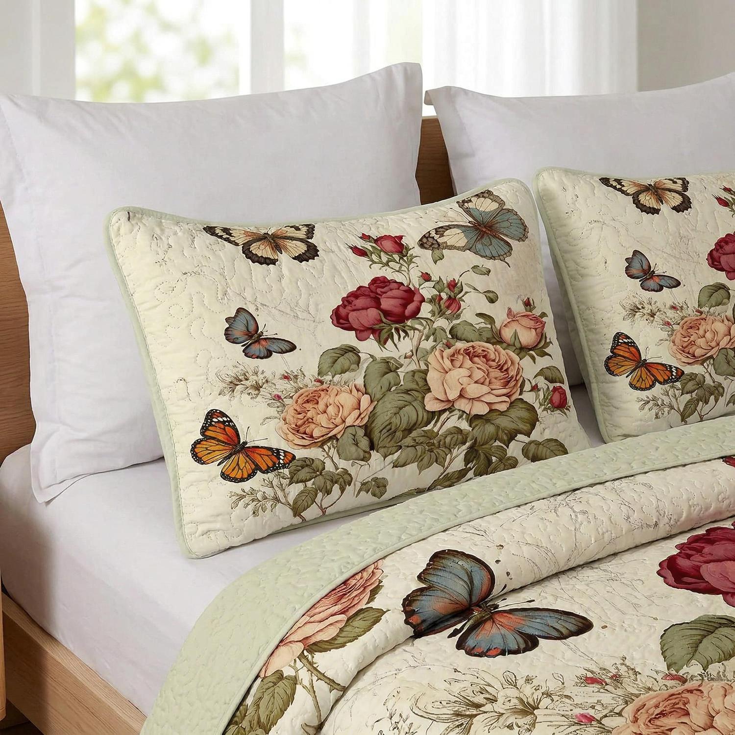 Red butterfly floral printed microfiber quilt set with elegant patterns.