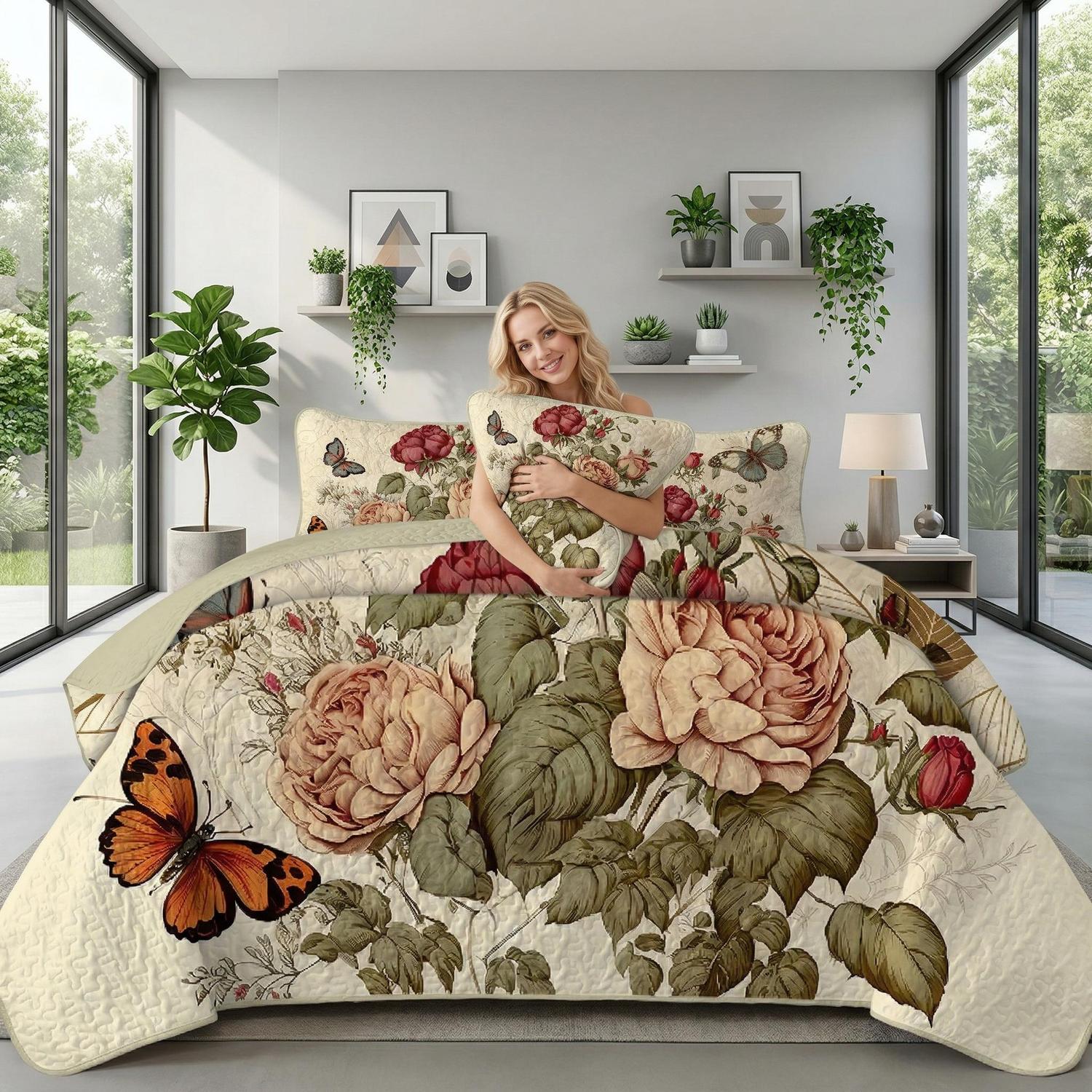 Red butterfly floral printed microfiber quilt set, Twin size.