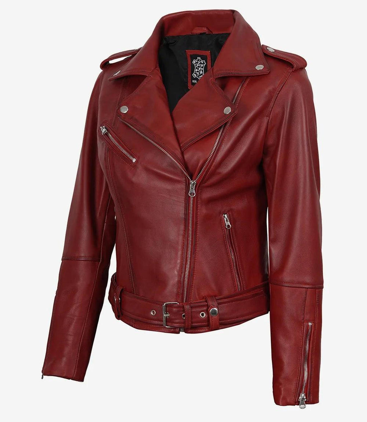 Red Lambskin Leather Biker Style Jacket with Belt-Leather Jackets-Glompi-Glompi