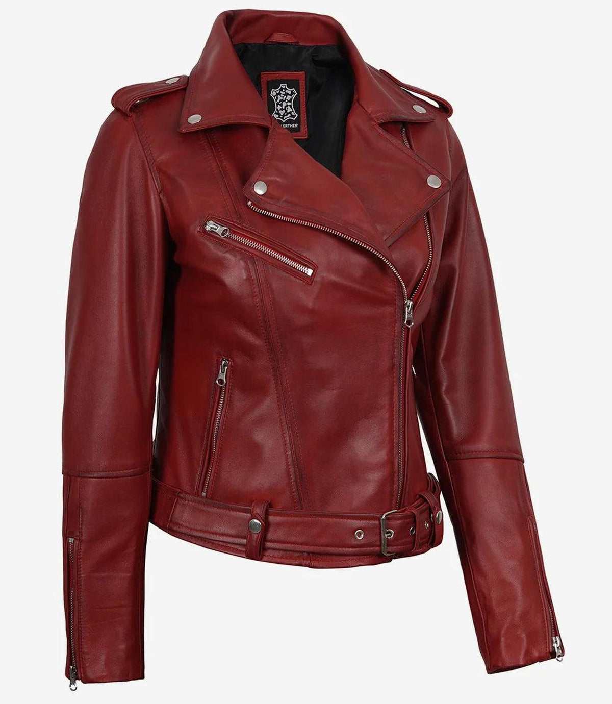 Red Lambskin Leather Biker Style Jacket with Belt-Leather Jackets-Glompi-Glompi