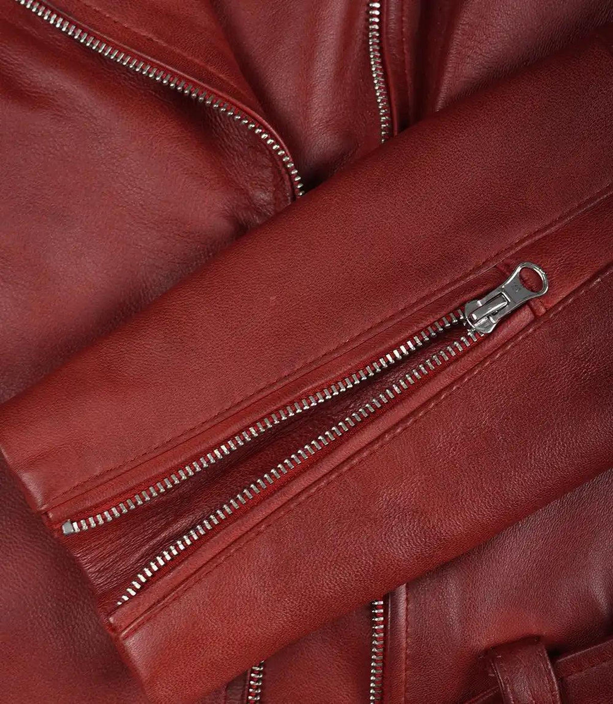 Red Lambskin Leather Biker Style Jacket with Belt-Leather Jackets-Glompi-Glompi