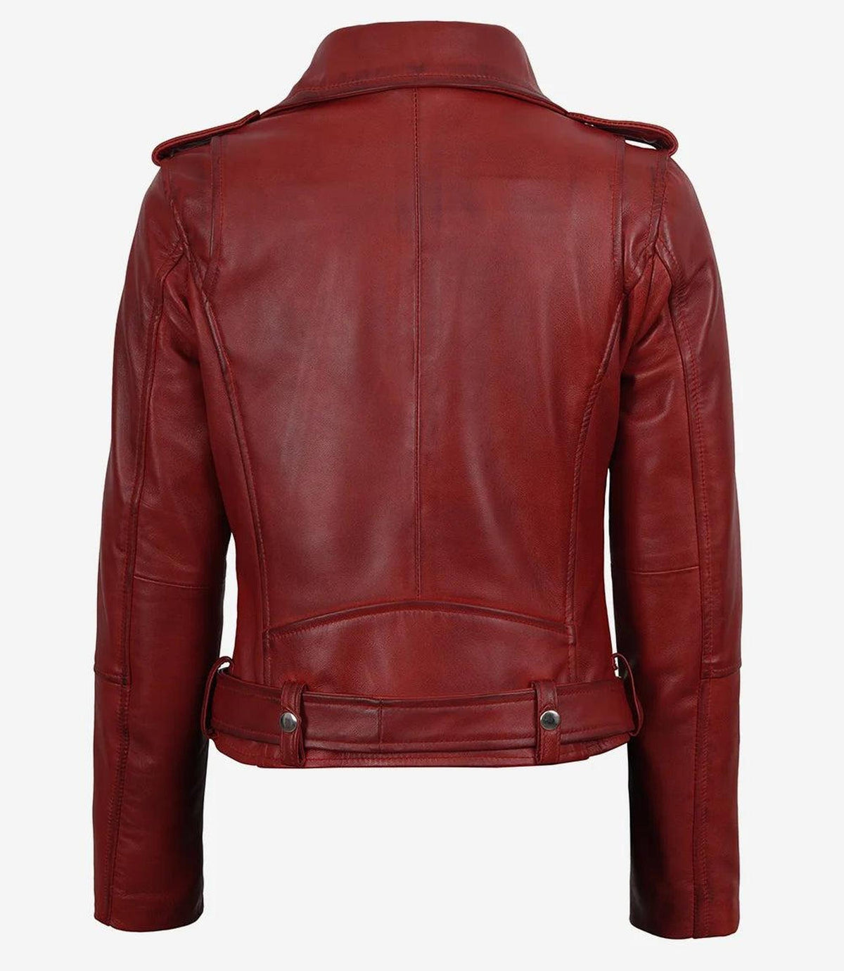 Red Lambskin Leather Biker Style Jacket with Belt-Leather Jackets-Glompi-Glompi