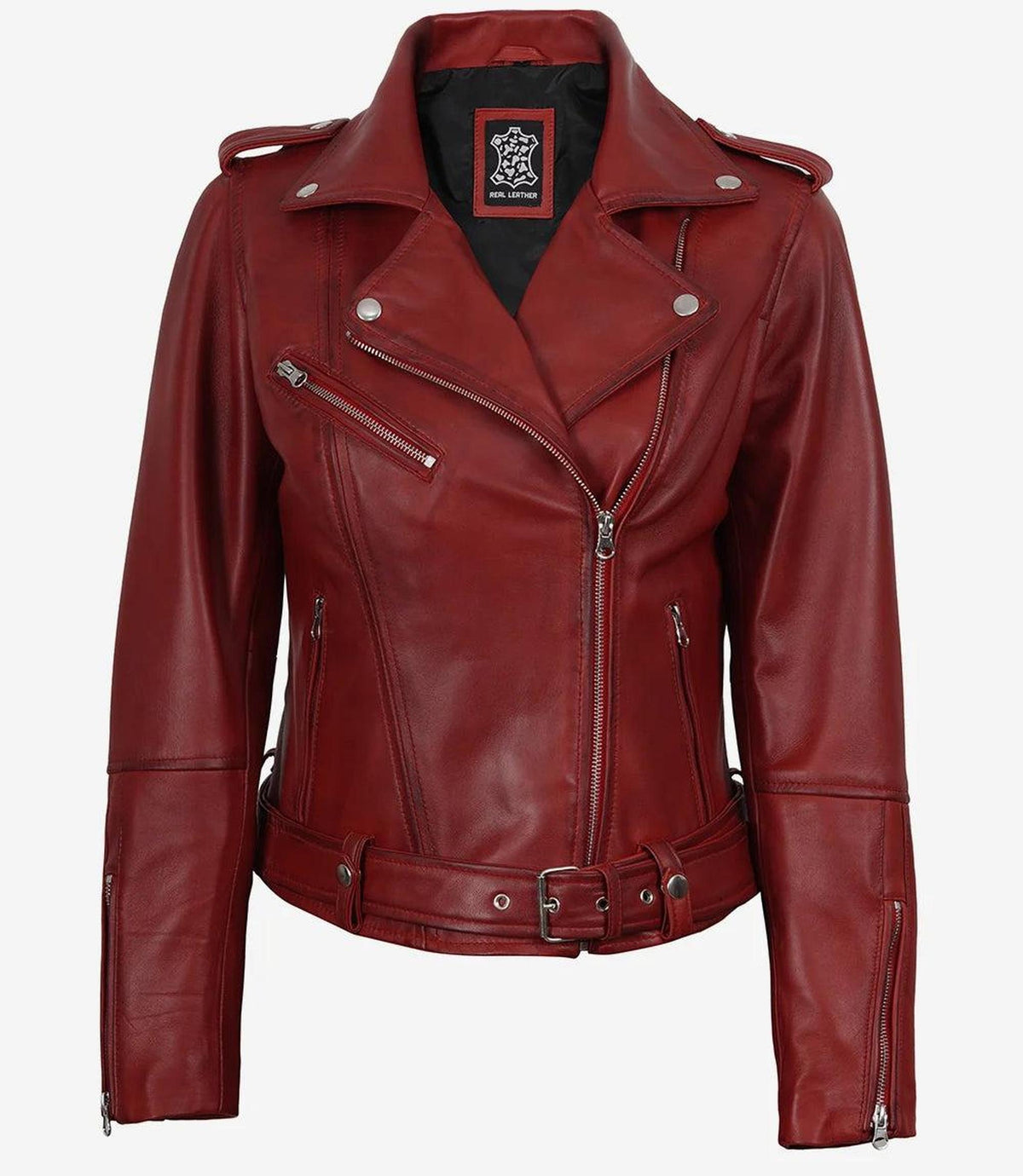 Red Lambskin Leather Biker Style Jacket with Belt-Leather Jackets-Glompi-M-Glompi